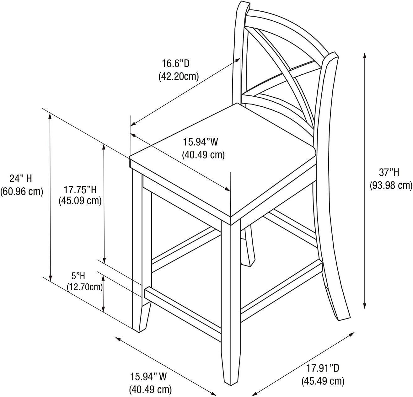 Linon Home Dcor Black X Back Counter Stool, 16" W x 17.91" D x 37.01" H