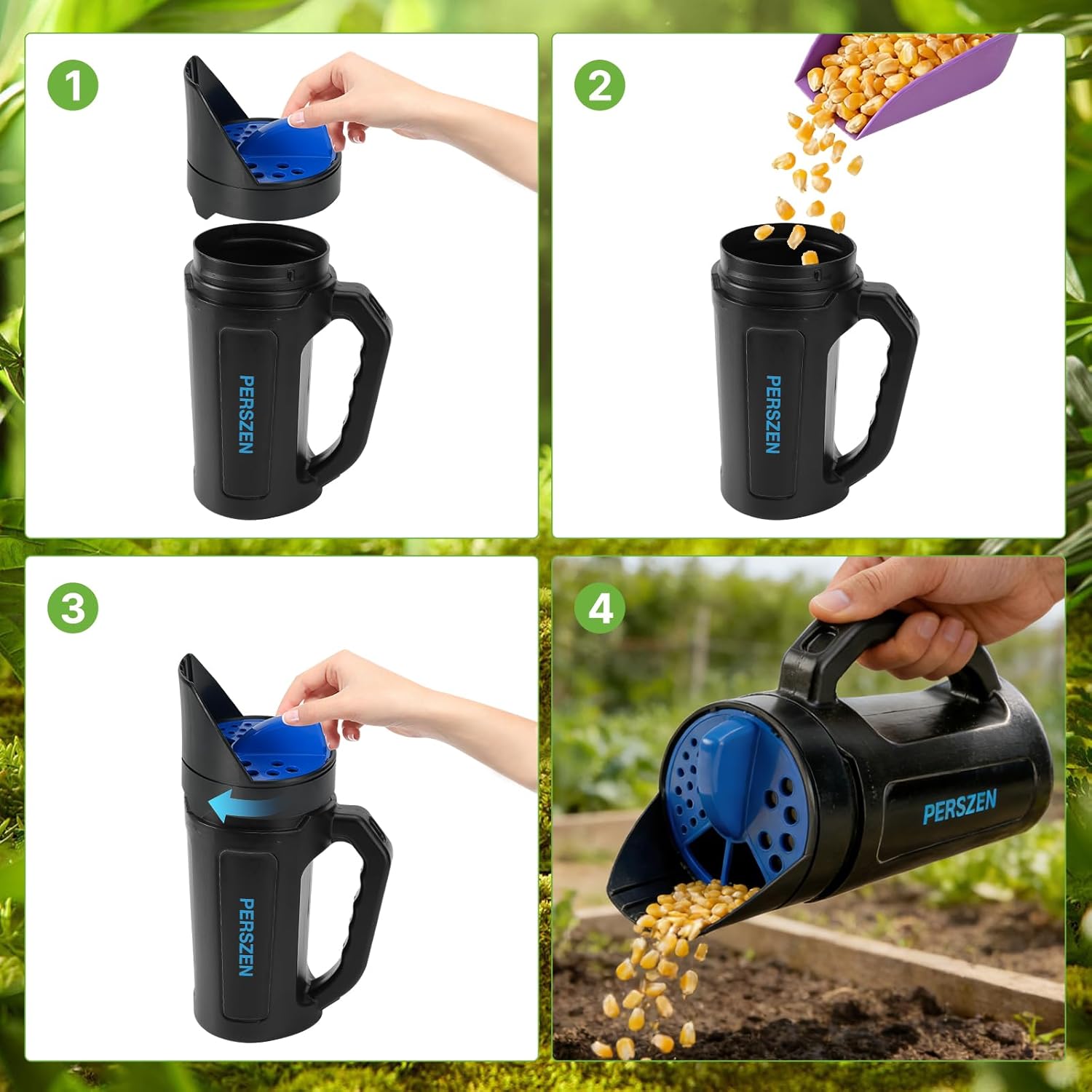 PERSZEN Handheld Spreader for Fertilizer, Grass Seed and Ice Melt, Multi-Use Seed Spreaders for Lawns with Adjustable Openings