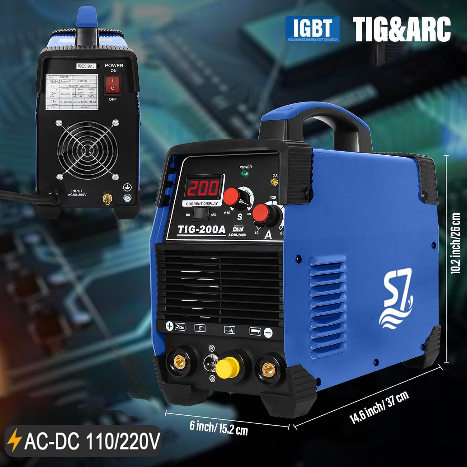 S7 200A HF Start TIG Welder, DC TIG and Stick Welder, 110V/220V Dual Voltage Portable Welding Machine for Garage Repair, DIY Projects