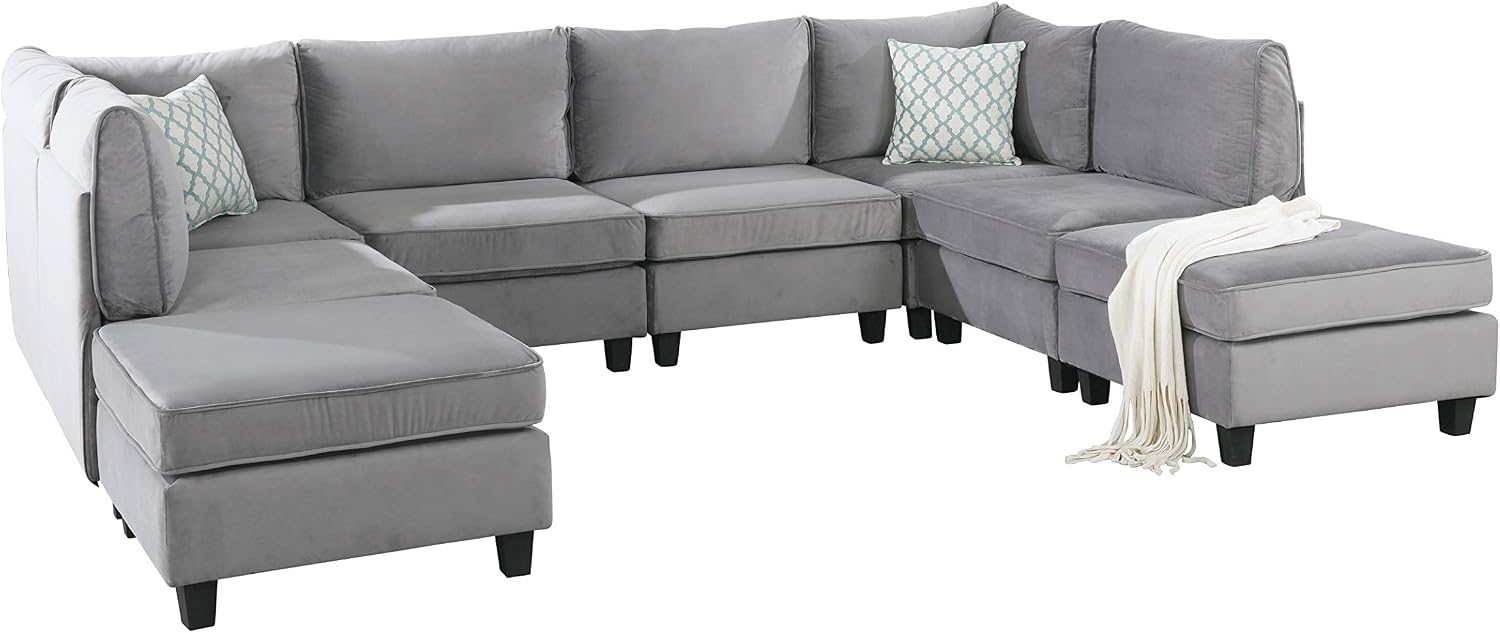 Lilola Home Simona 120-inch Modular Sectional Sofa, Gray Velvet 8-Piece U-Shaped Couch with 2 Ottomans & Accent Pillows