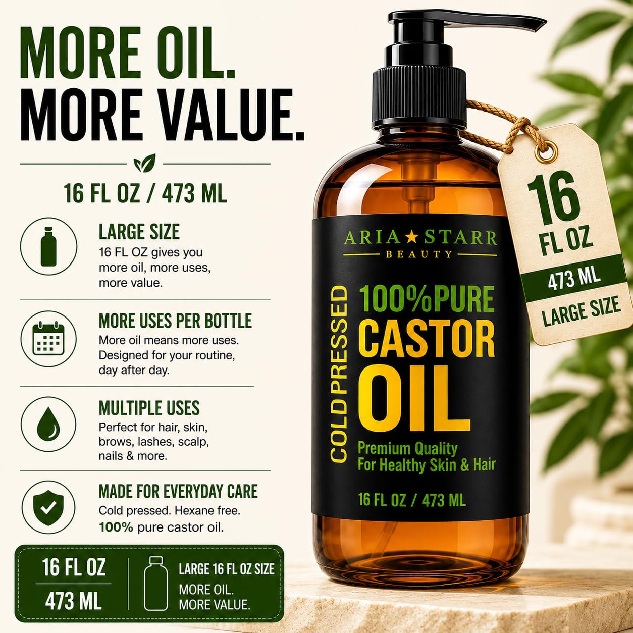 Aria Starr Castor Oil Cold Pressed - 16 FL OZ - 100% Pure Hair Oil For Hair Growth, Face, Skin Moisturizer, Scalp, Thicker Eyebrows And Eyelashes