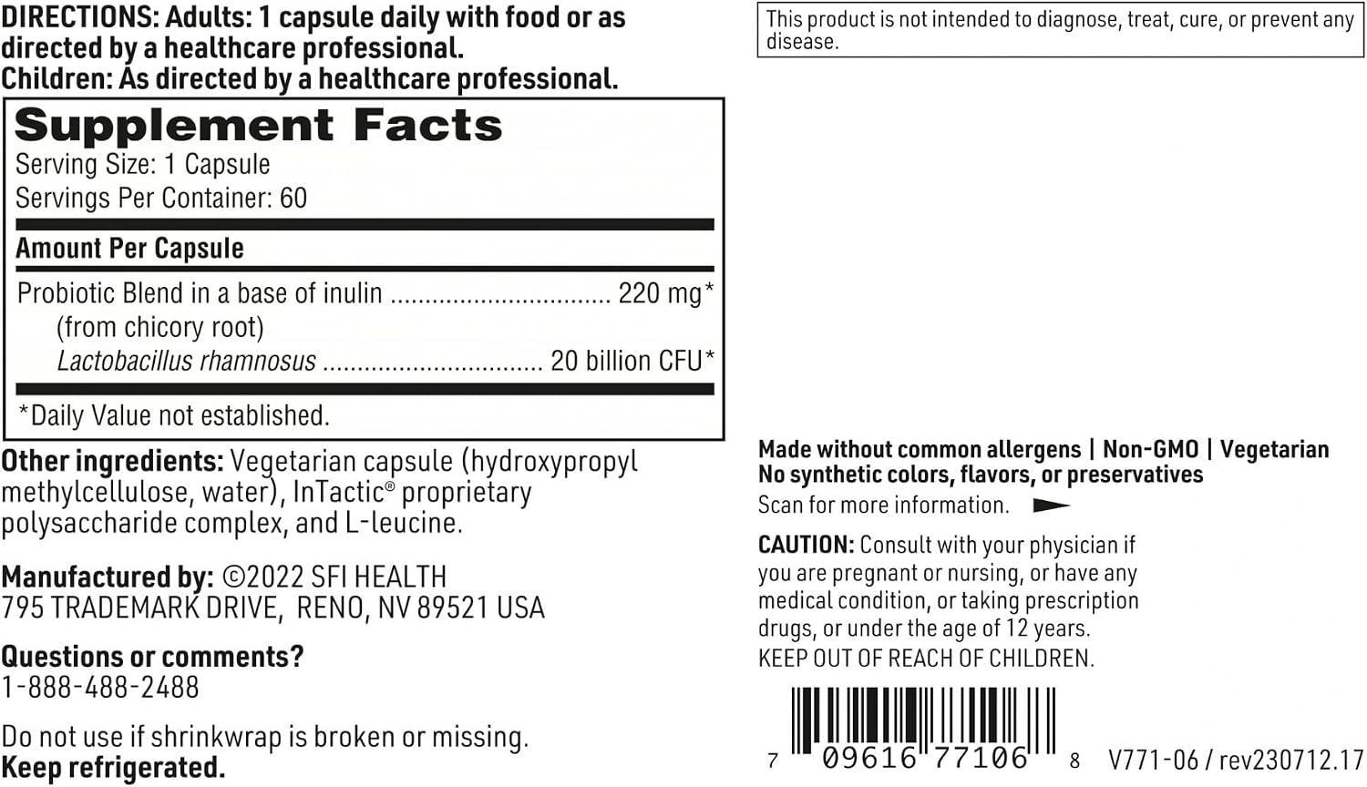 Klaire Labs SFI Health Ther-Biotic Factor 1 Probiotic, 60 Capsules | Gut + Immune Support, Lactobacillus Rhamnosus Single Species Probiotic, 20 Billion CFU, L Rhamnosus Probiotics