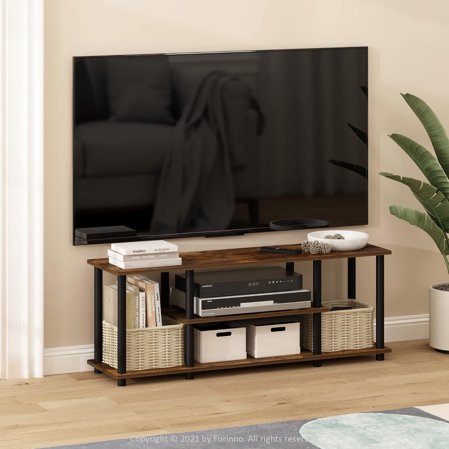 Furinno Turn-N-Tube No Tools 3D 3-Tier Entertainment TV Stand up to 50 inch TV, Round Tubes, French Oak Grey/Black | for TV up to 50 Inch, Open Frame Rectangular Entertainment Center with Storage Shelf, TV Console, for Living Room, Bedroom