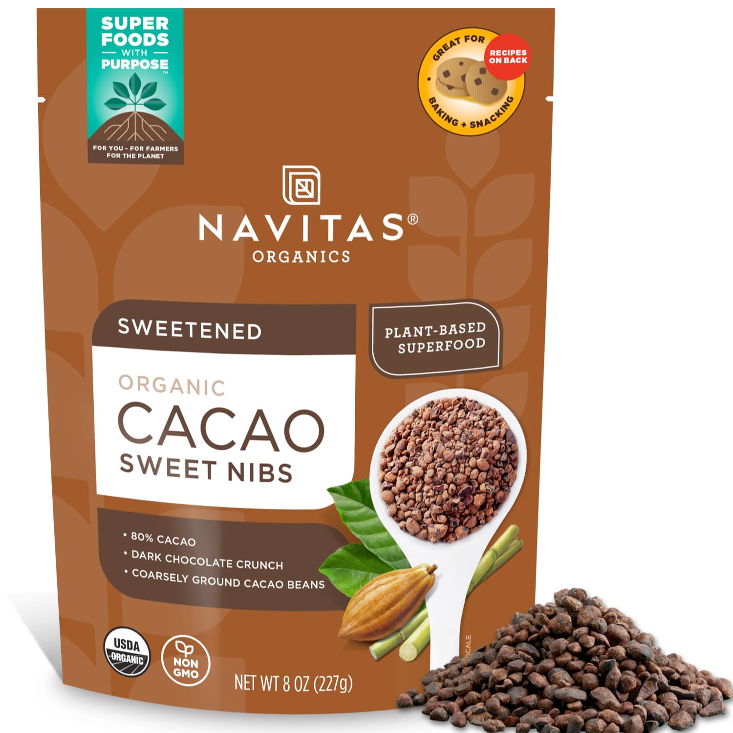 Navitas Organics Cacao Nibs – Unsweetened Dark Chocolate Crunch – Antioxidants, Minerals, Fiber – For Trail Mix, Baking & More – USDA Organic, Fairtrade, Non GMO, Gluten Free, Non-alkalized (8oz. Bag 76 Servings)