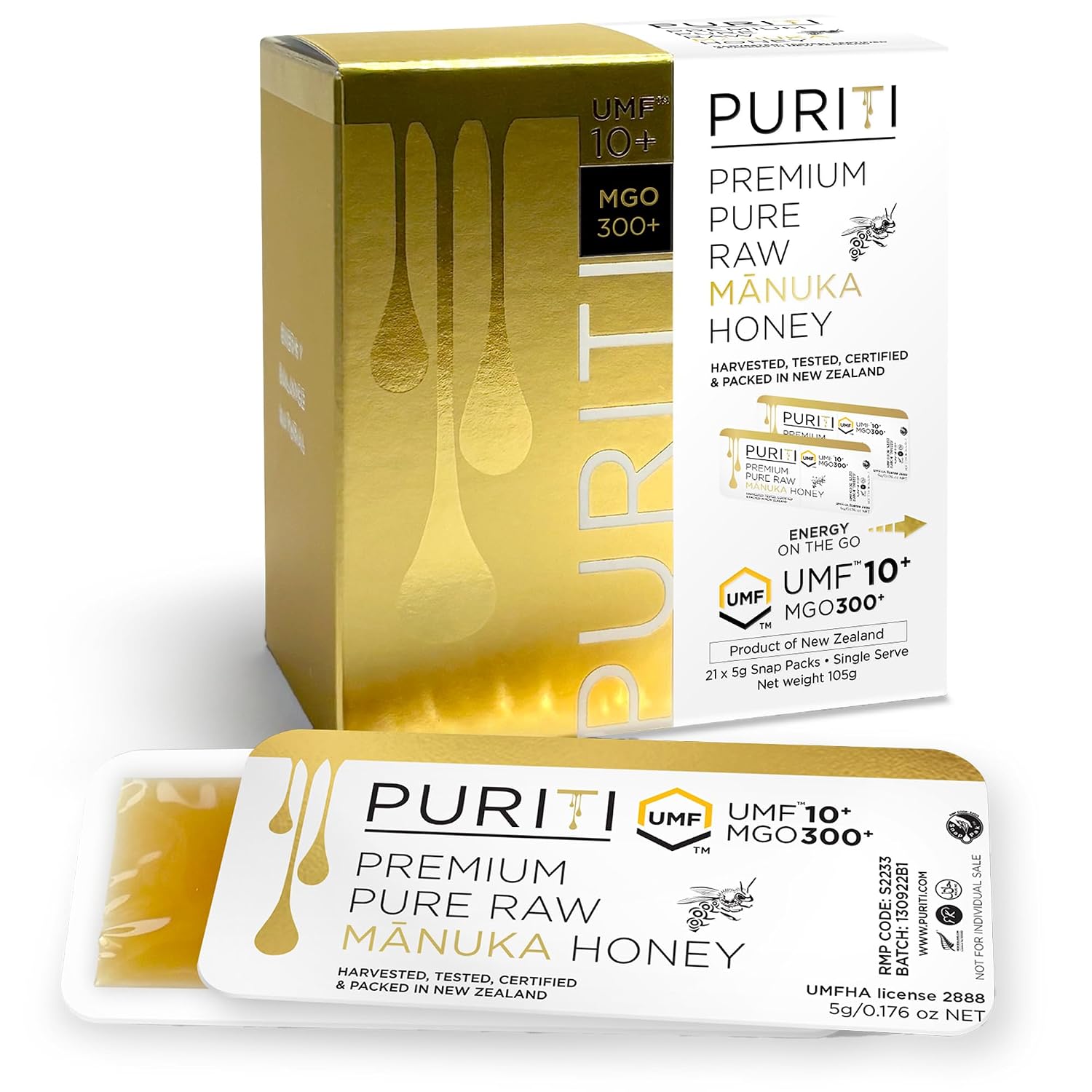 PURITI Genuine Raw Manuka Honey Snaps On The Go - UMF 10+ (MGO300+) 21 x 0.18oz Individual Snap Packets, Single Serve Honey Sticks for Tea