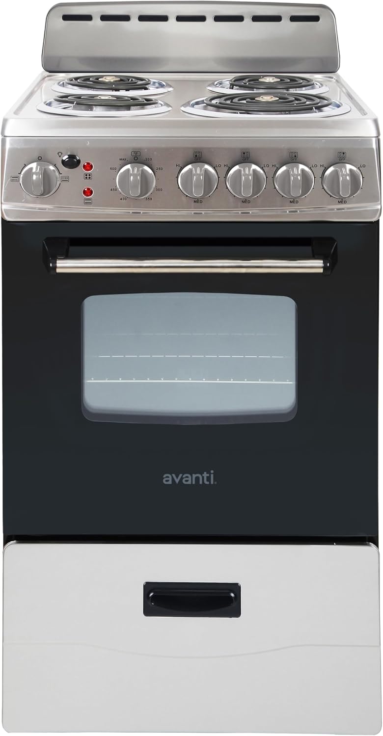 Avanti Electric Range Oven Compact Design, 2.1-Cu.Ft. Capacity with 4 Coil Burners, Framed Glass Oven Door, Storage Drawer and Broiler with Pan, 20-Inch, White