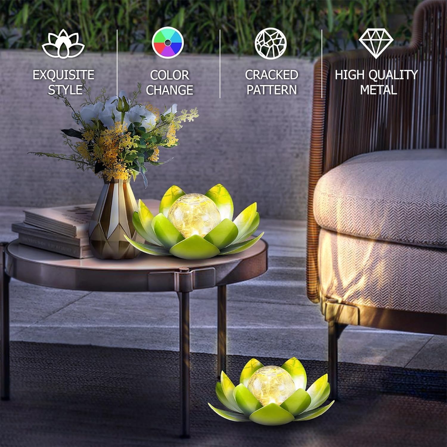 Huaxu Solar Lights Outdoor Garden, Crackle Globe Glass Lotus Decor, Waterproof LED Metal Flower Decorations for Patio,Lawn,Walkway,Tabletop,Ground