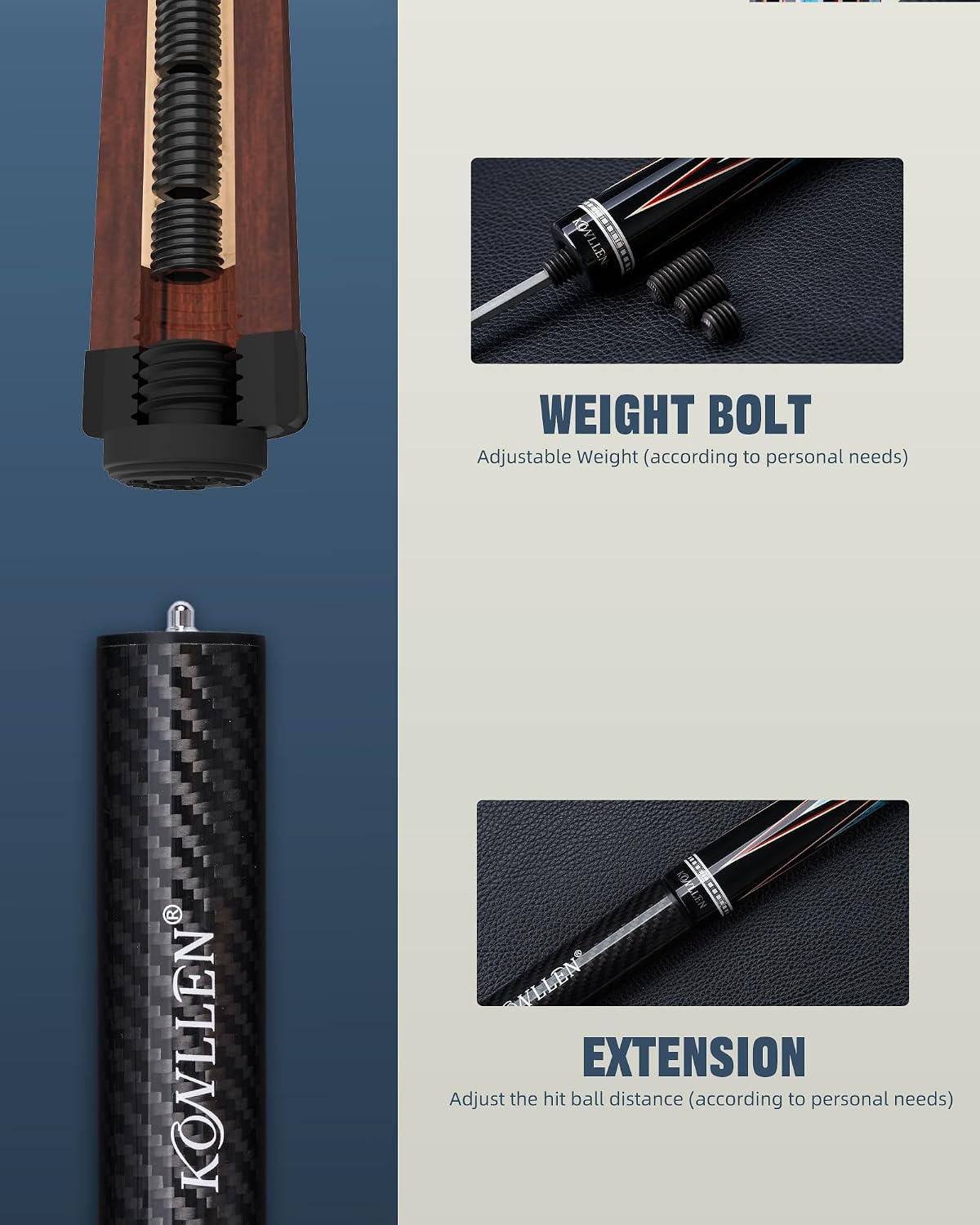 KONLLEN Carbon Fiber Pool Cue Stick 58-inch Professional Pool Sticks for Adults Full Carbon Technology Low Deflection Pool Cue Billiard Cues with 12.5mm Tip (Easy to Control, Pro Taper, Ultra-Smooth)