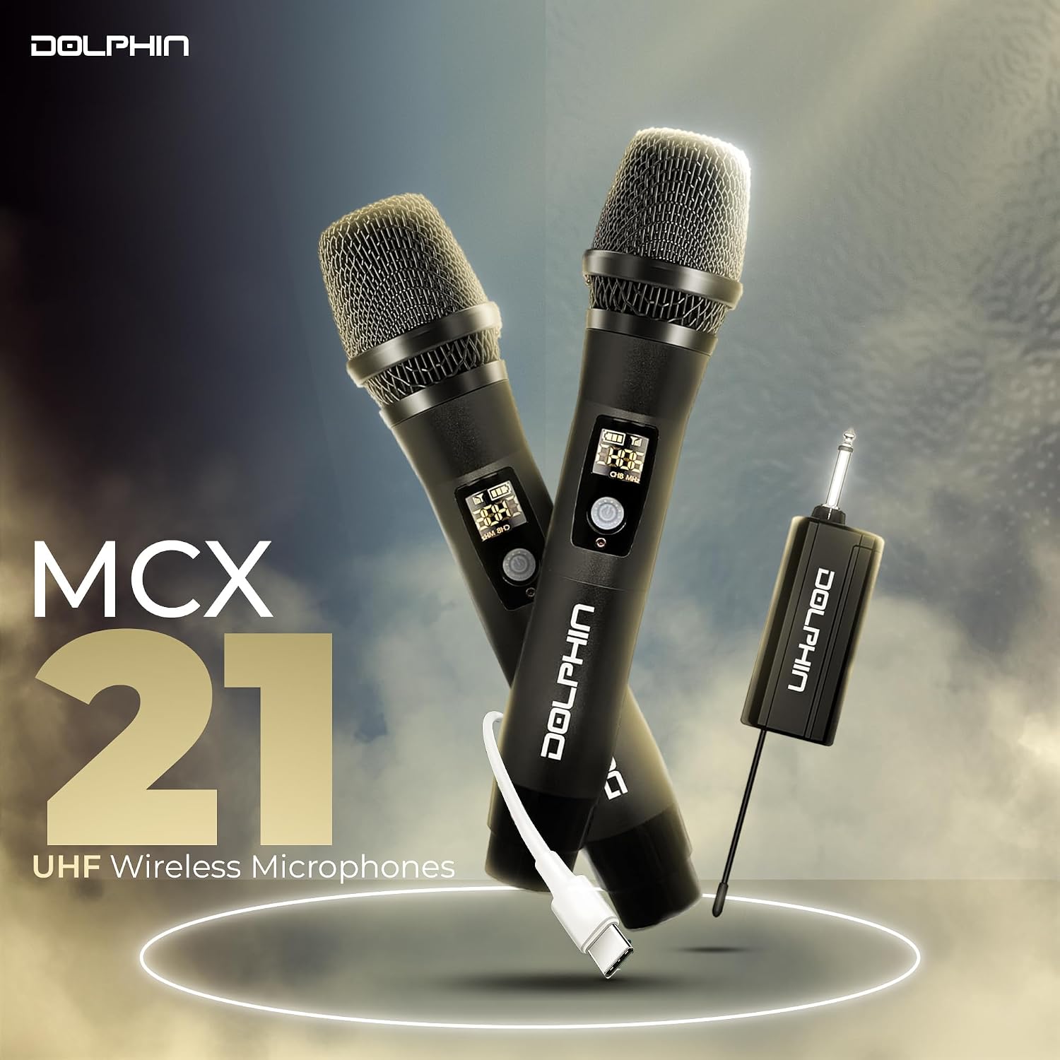 Dolphin MCX21 UHF Wireless Microphone, 2X Rechargeable Karaoke Mic | Full Metal Design, High-Sensitivity Audio, Clear Vocal Pickup, Long Range