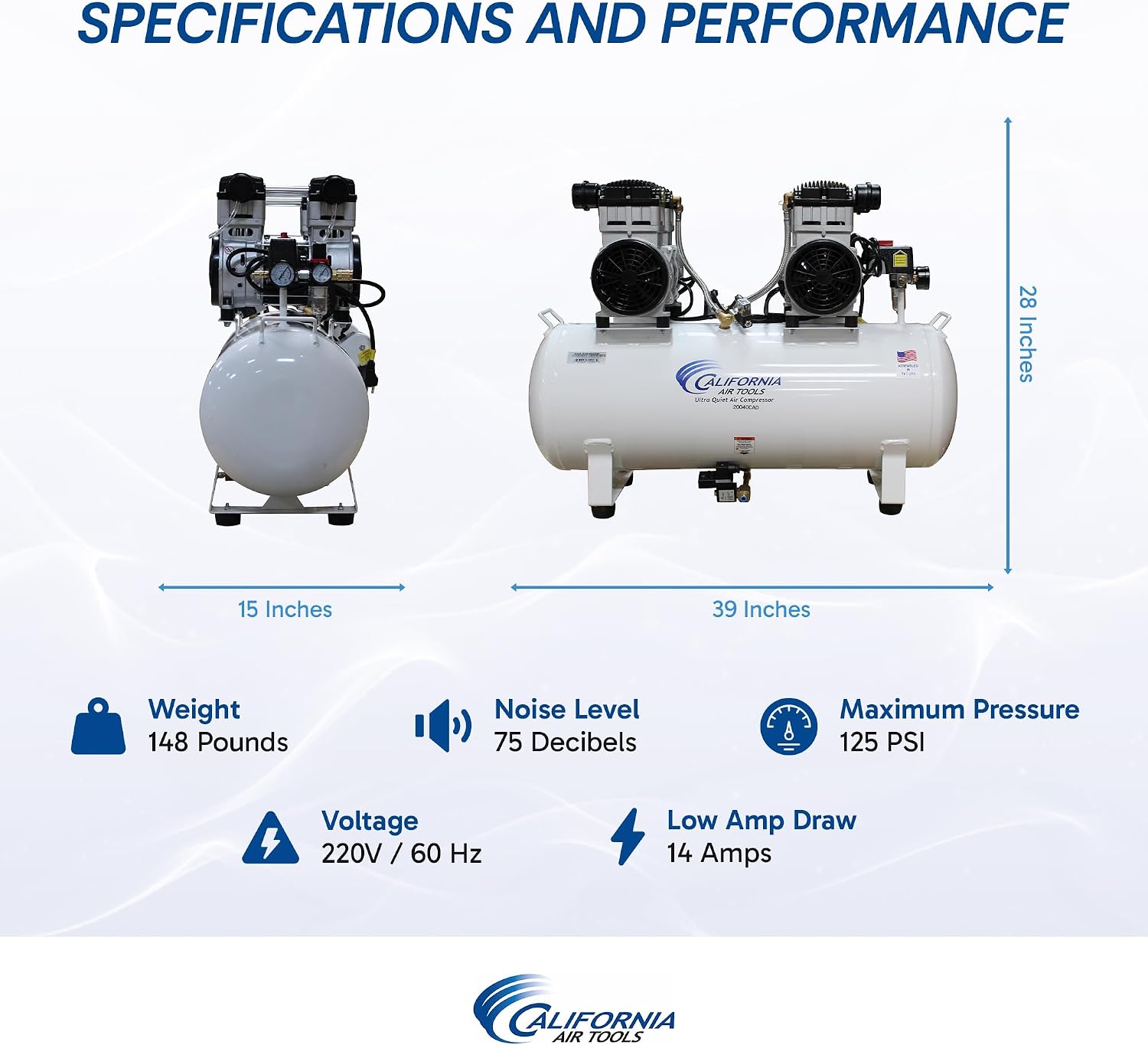 California Air Tools 20040CAD Powerful 4.0 HP Ultra Quiet and Oil-Free Air Compressor, 20 Gallon Tank, 75 dB Noise Level, White, 220v 60hz, with Automatic Drain Valve