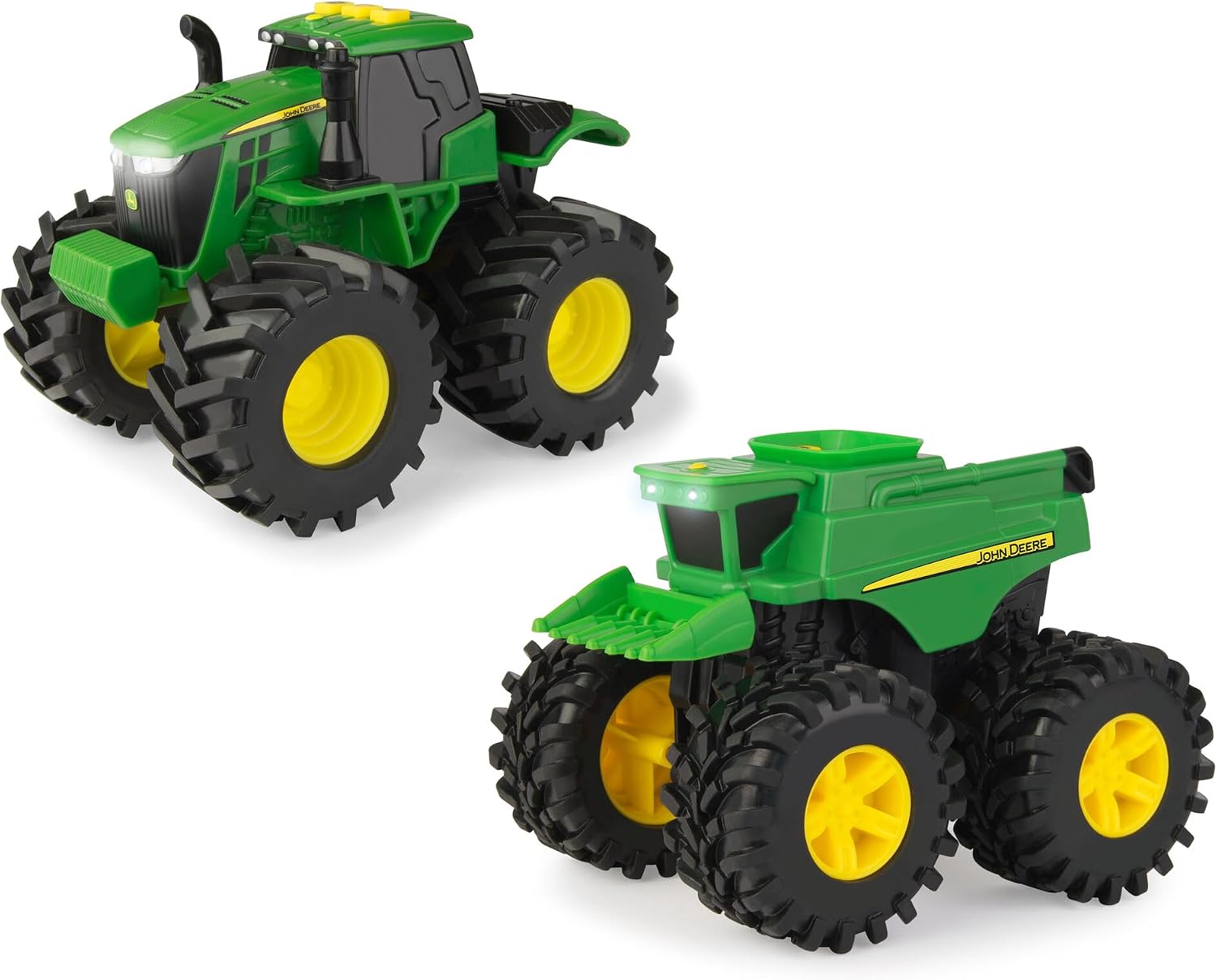 TOMY Monster Treads Monster Truck Toys - John Deere Tractor and Combine 2-Pack with Lights and Sounds - John Deere Toys with Durable Bouncy Tires