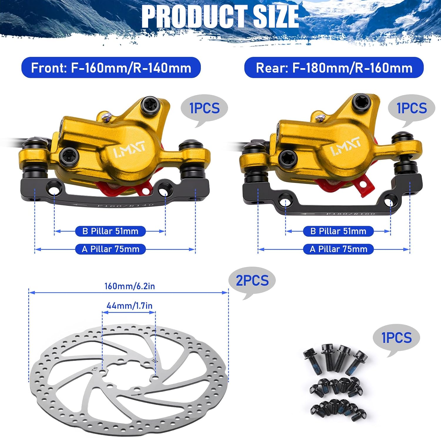 TOBWOLF MTB Cable Disc Brake Kit, Front Rear Calipers with 160mm Rotors