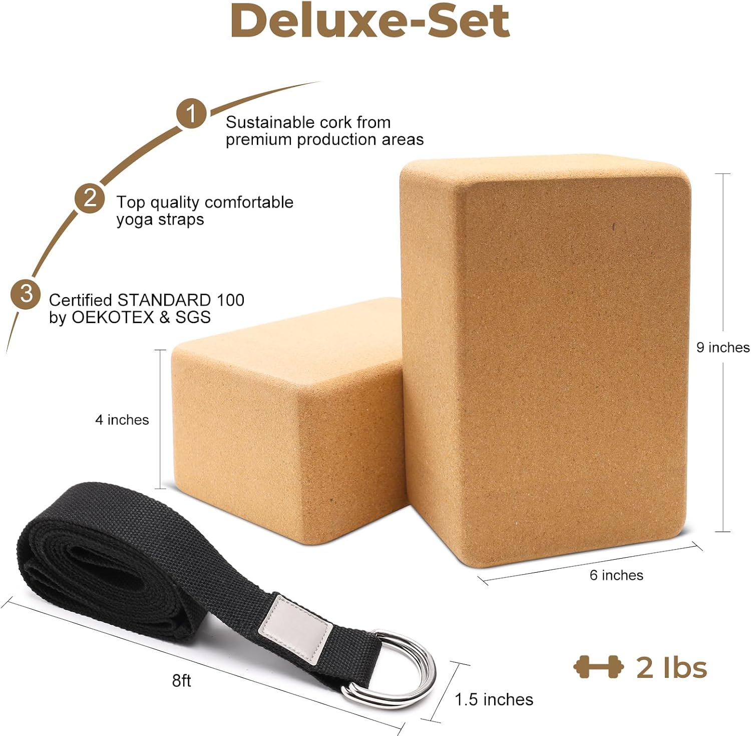 Cork Yoga Blocks 2 Pack Set -Natural Cork from Portugal, 9"x6"x4" Yoga Blocks Non-Slip&Anti-Tilt for Women| Men, Lightweight