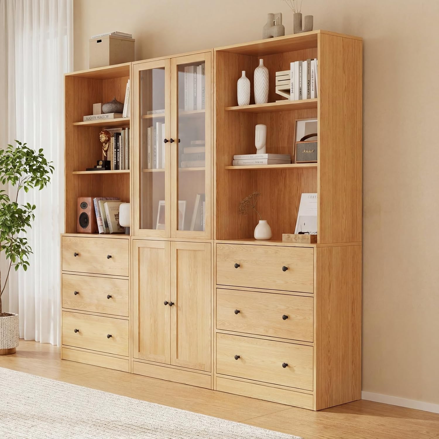 TUSY 71" H Bookcase with Storage | 6-Tier Modern Bookshelf with Drawers, Display Bookcase with Glass Doors, White Curio Cabinet for Home Office, Living Room