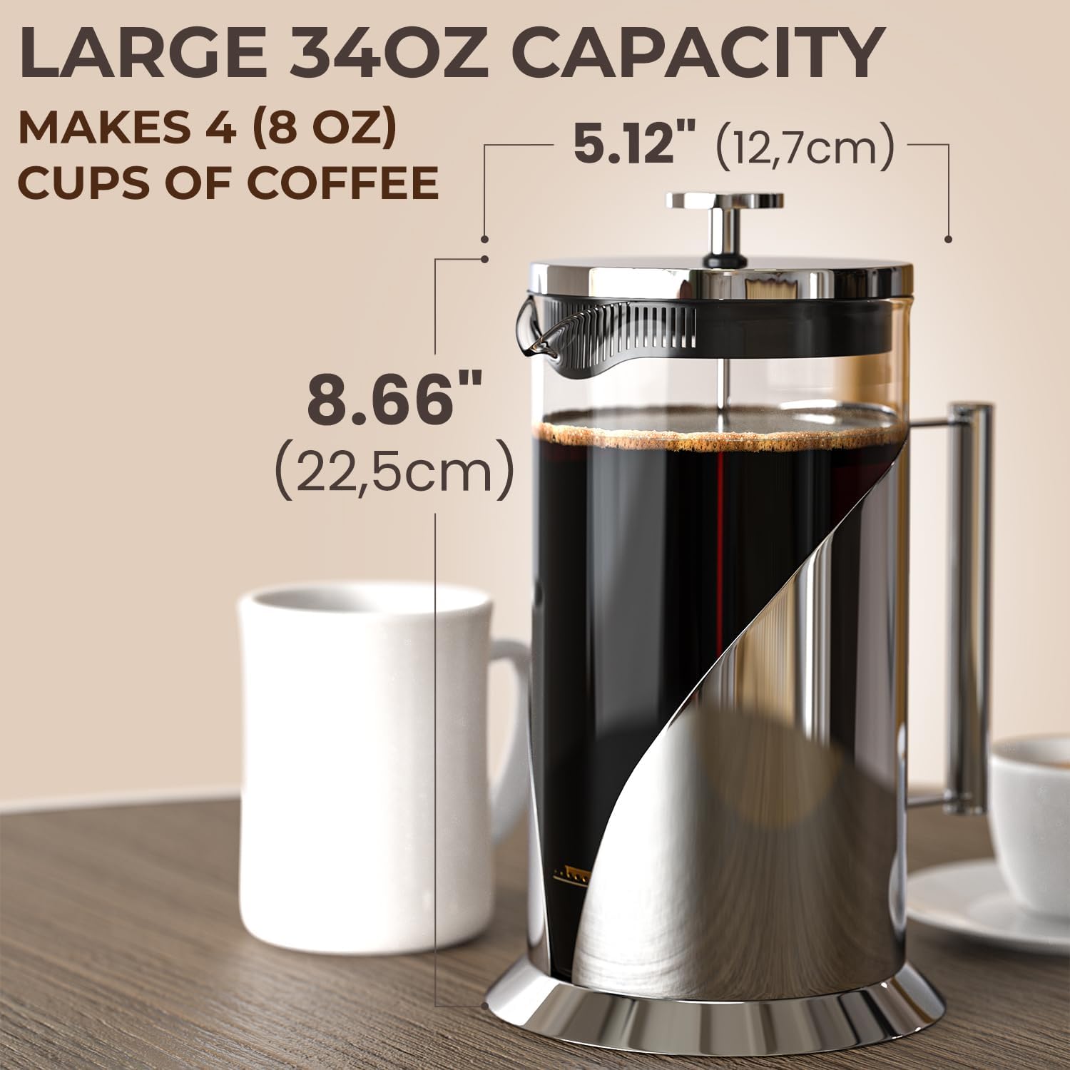 Cafe Du Chateau French Press Coffee Maker, 34 oz Glass, Stainless Steel | Easy Brew, Durable Clear Glass, 4-level Filtration, 34 oz Capacity, Coffee Press for Camping, Tea Brewer, BPA-Free Materials