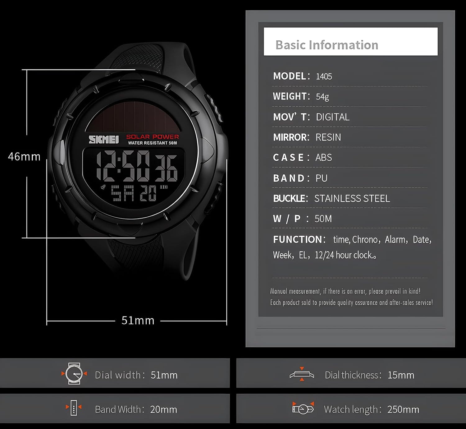 Gosasa Men's Outdoor Sports Multifunction Solar Power LED Digital Watches 50M Water Resistant (Black)