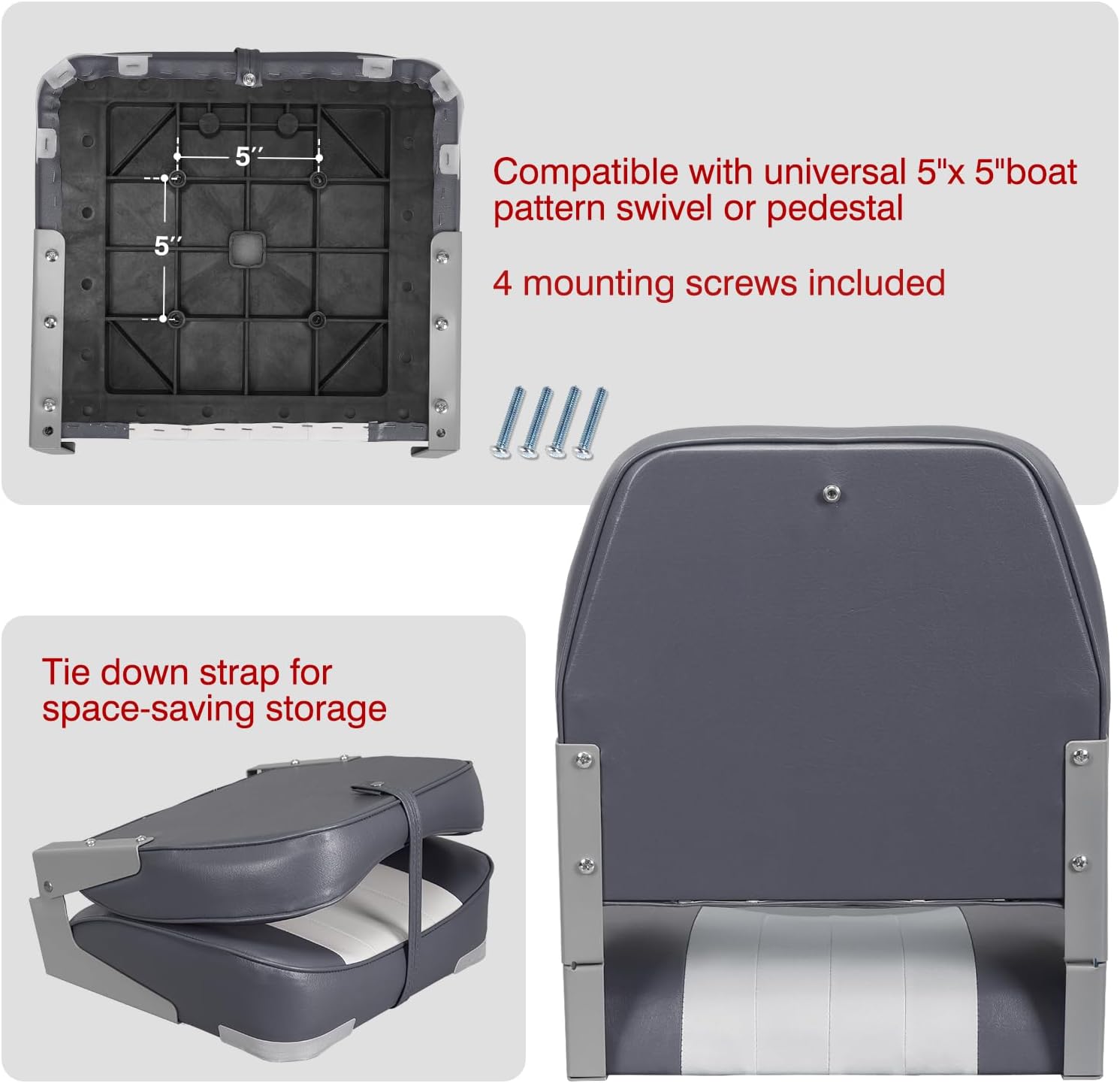 Leader Accessories Classic Low Back Folding Fishing Boat Seat Boat Chairs | Marine Boat Chairs With Thick Cushion, Aluminum Hinge, Use universal 5"x5" Mount, Fits Jon/Bass/Pontoon Boats