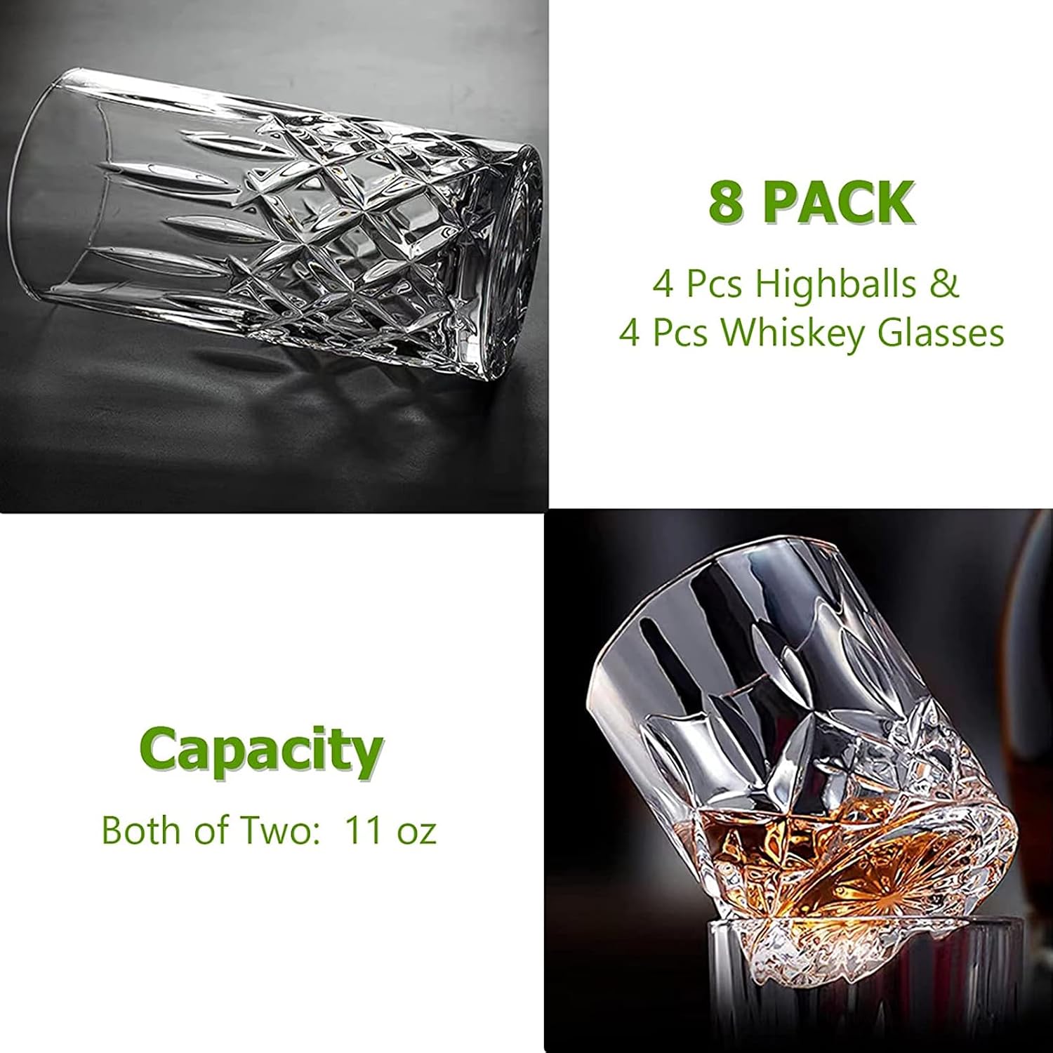 Qipecedm Drinking Glasses, 8 Piece Crystal Glass Cups, Mixed Glassware Set, 4 pcs Crystal Old Fashioned 11oz Highballs and 4 pcs 11oz Whiskey Glasses