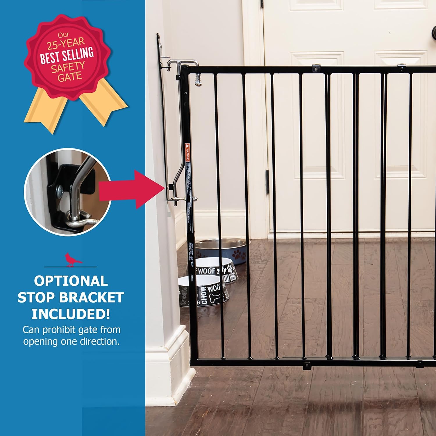 Cardinal Gates MG25 Duragate Baby and Pet Gate, 26.5-41.5 in, Black | Steel hardware-mounted gate for children and pets. One-hand latch, two-way swing, and angle-capable installation.