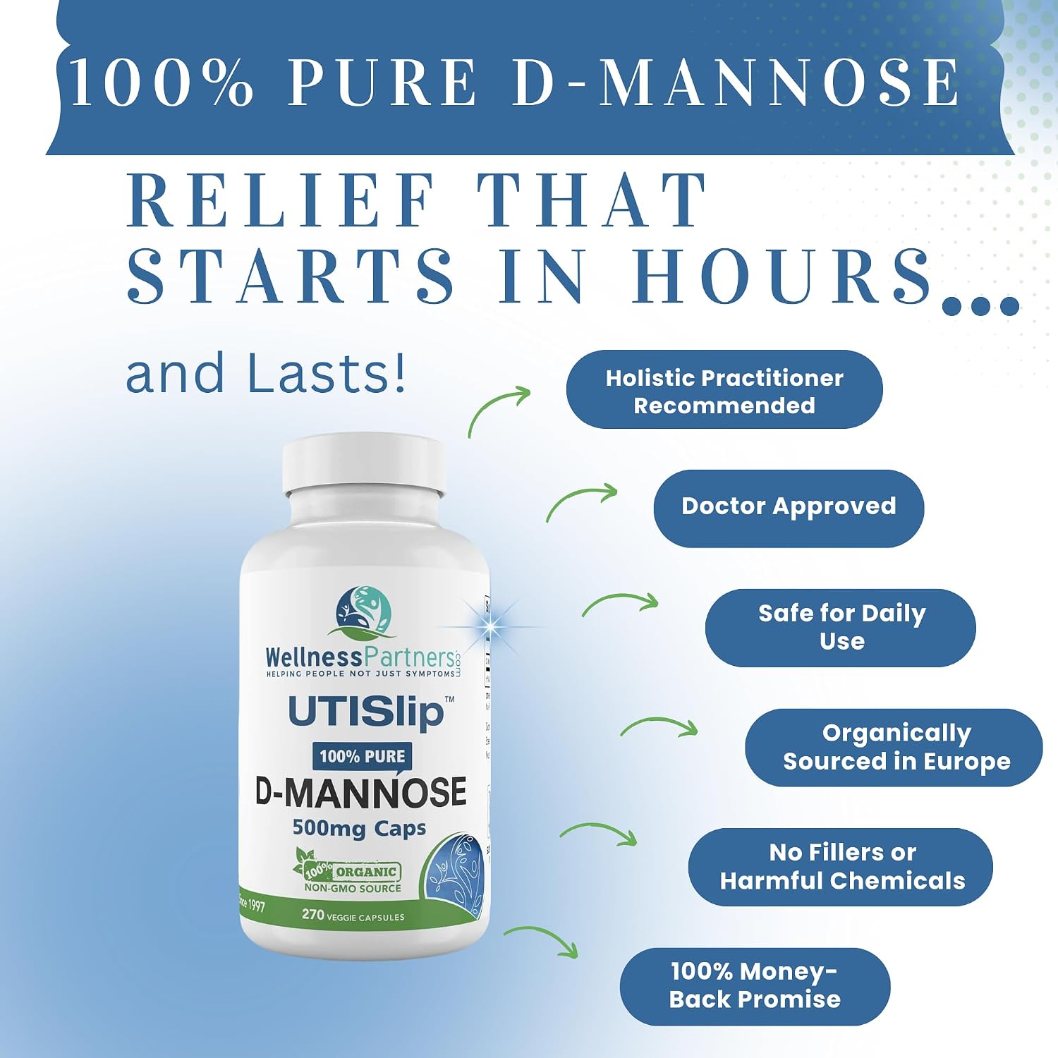 UTI Slip D-Mannose Non GMO Organic Source Veggie Capsules 90 Count (500 Mg)