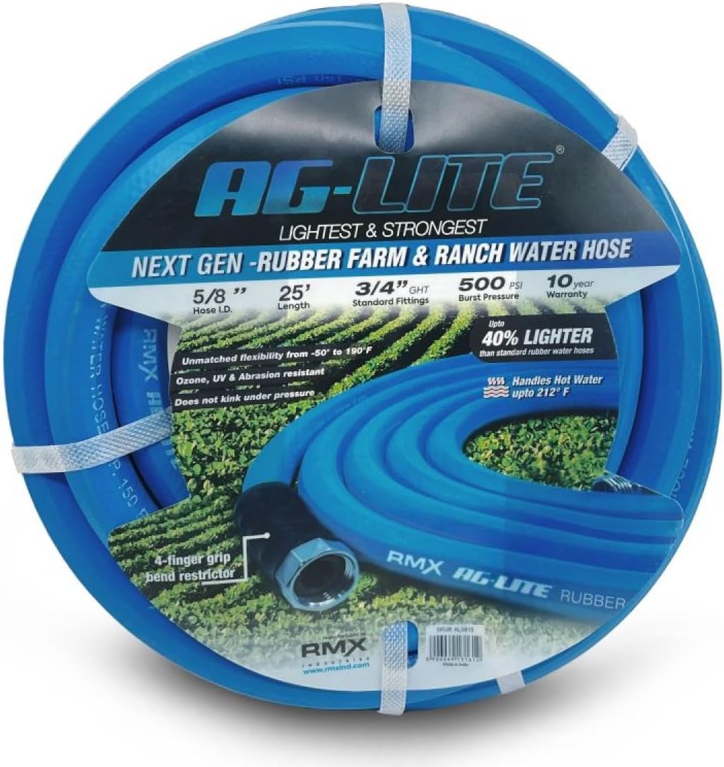 AG-LITE BSAL5825 5/8" x 25' Hot/Cold Water Rubber Garden Hose, 100% Rubber, Ultra-Light, Super Strong, 500 PSI, 50F to 190F Degrees, High Strength Polyester Braided