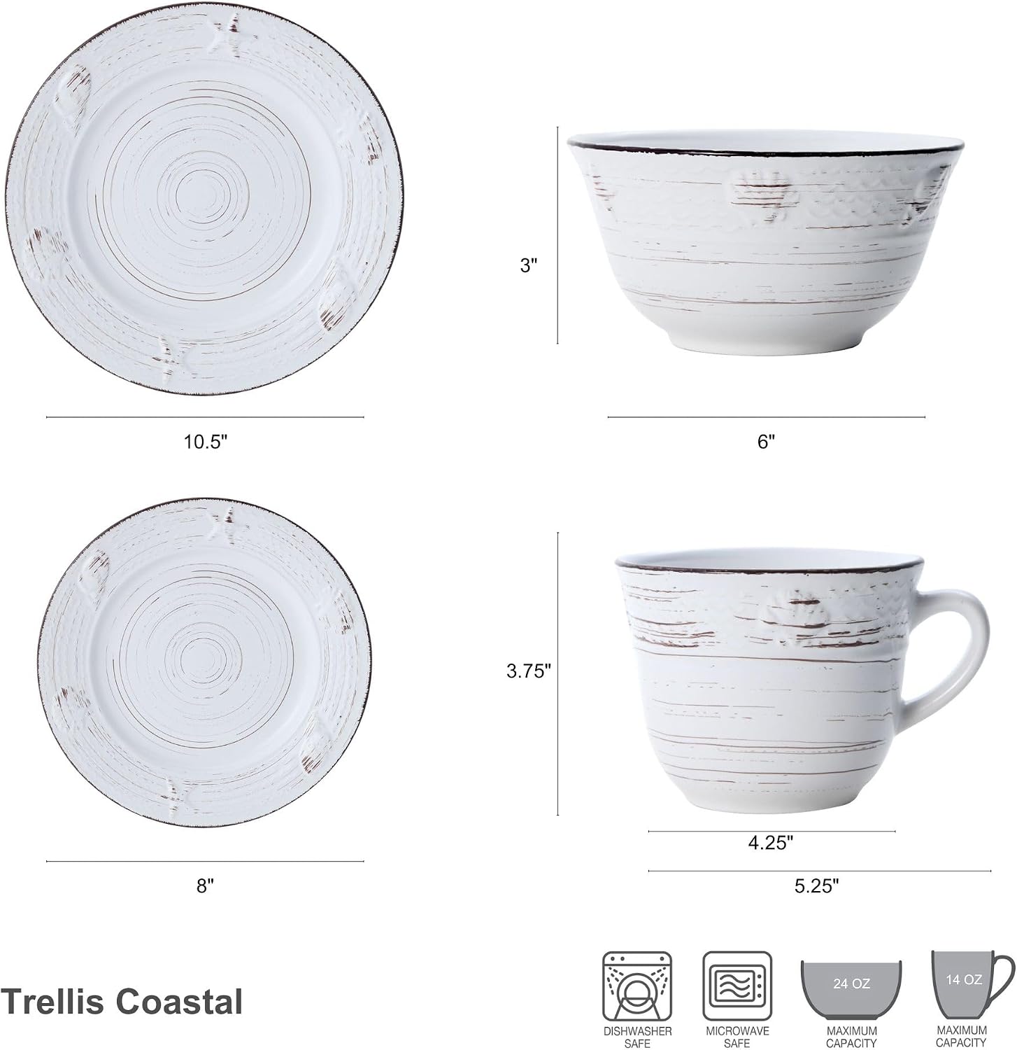 Pfaltzgraff Trellis White 16-Piece Stoneware Dinnerware Set, Service for 4, Distressed White Finish, Microwave & Dishwasher Safe Plates and Bowls