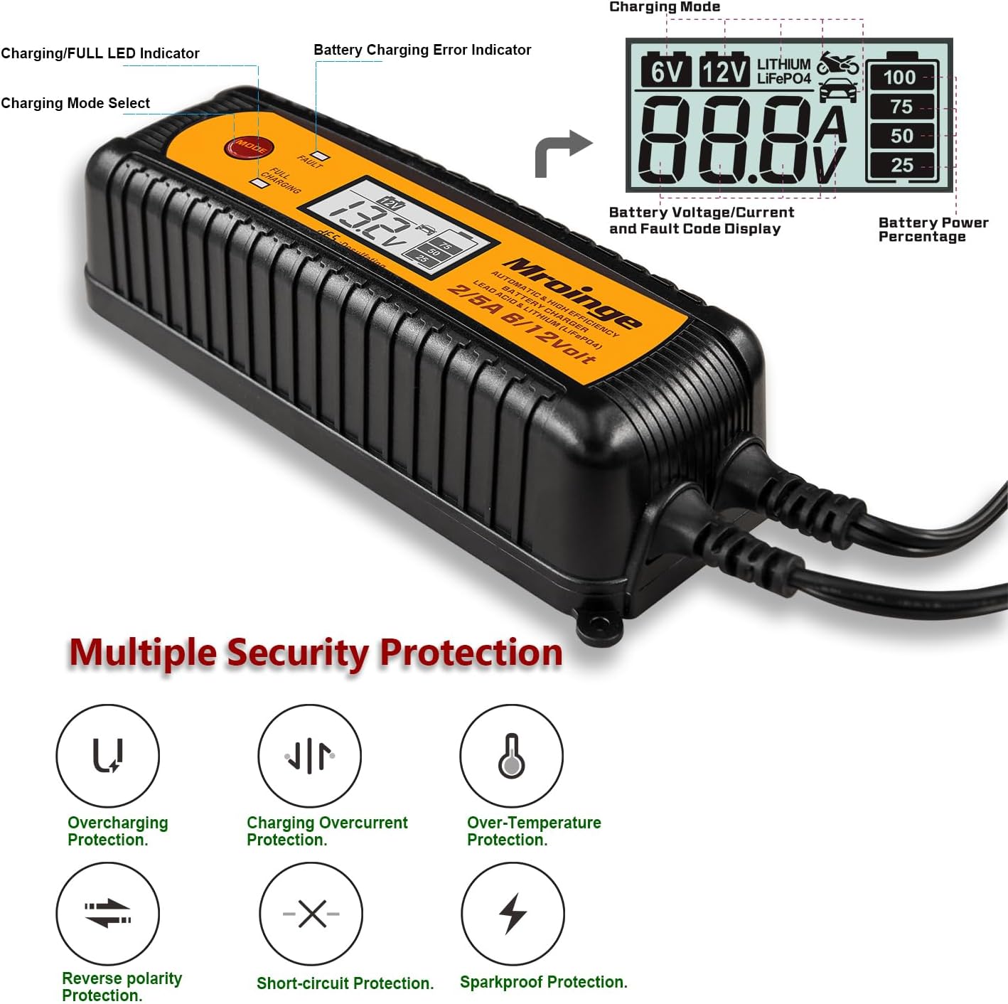 Smart Battery Charger, Mroinge 5A 6V/12V Automatic Battery Charger/Maintainer/Desulfator for Cars, SUVs, Trucks and More