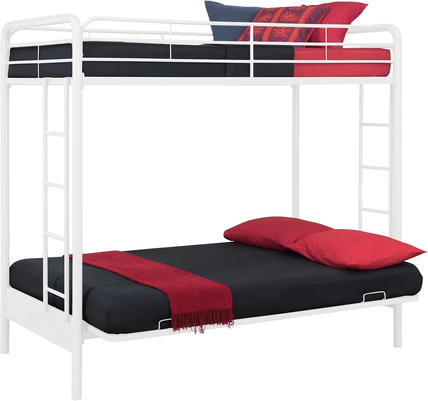 DHP Twin-Over-Futon Convertible Couch and Bed with Metal Frame, Ladder and Guardrails - Black
