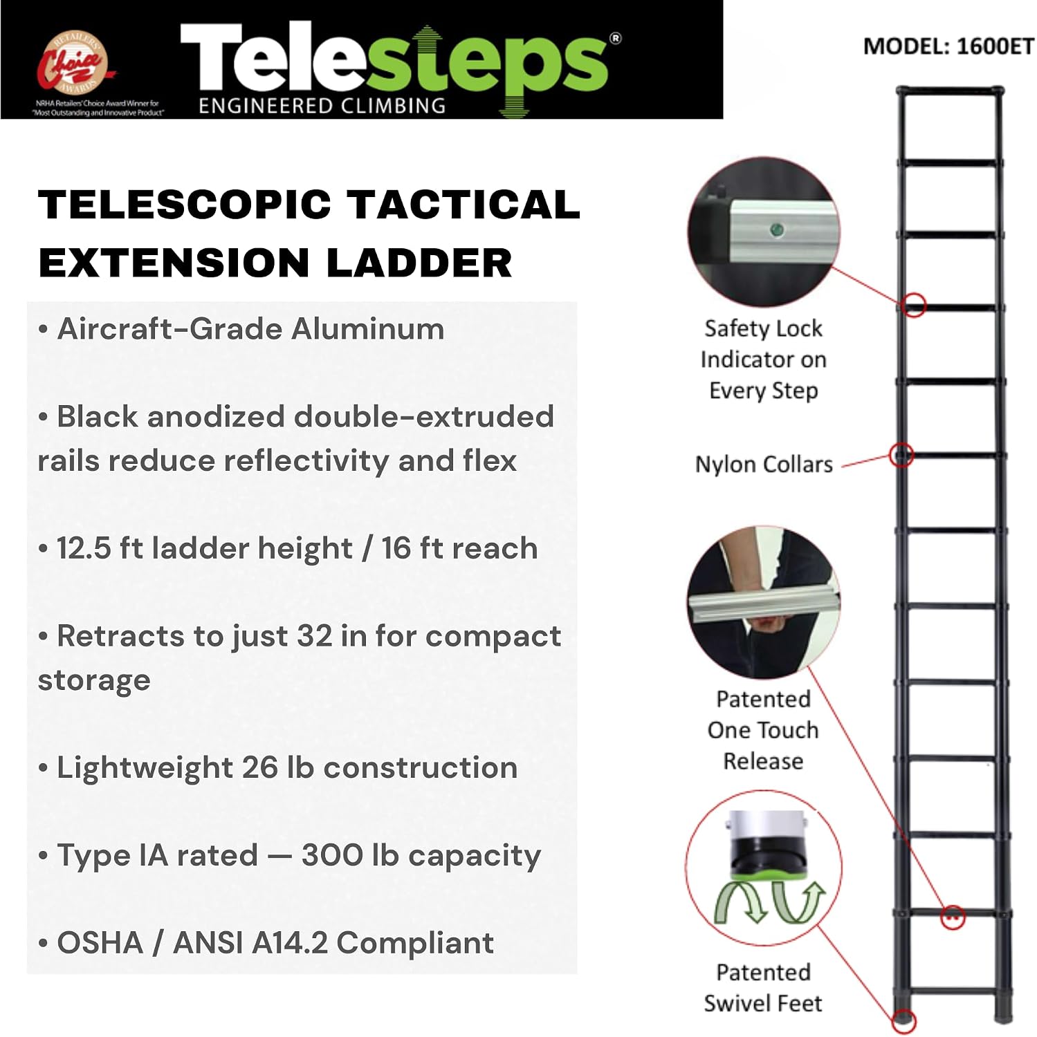 Telesteps 1600ET Tactical Telescoping Extension Ladder – 12.5 ft Height