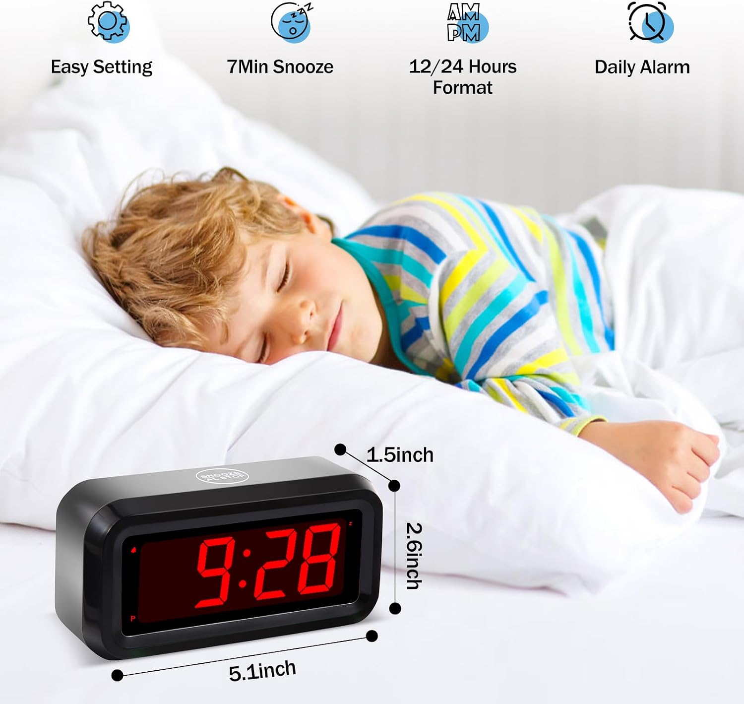 Digital Alarm Clock Battery Operated with LED Display for Bedrooms, Long Battery Life for 12 Months, 3 Brightness Adjustable, 12/24 Hour, Snooze, Black Case with Red Digits