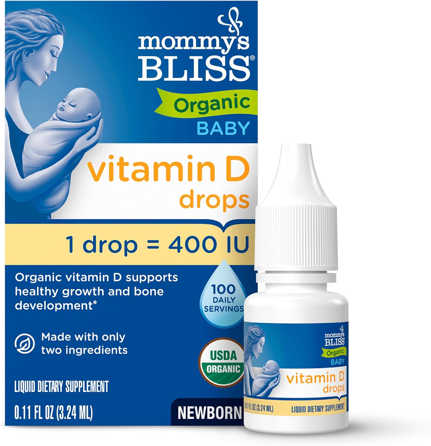 Mommy's Bliss Organic Baby Vitamin D Drops, No Artificial Color, 0.11 Fl Oz | Vitamin D3 that promotes healthy growth and bone development in newborns and up; 100 servings per pack