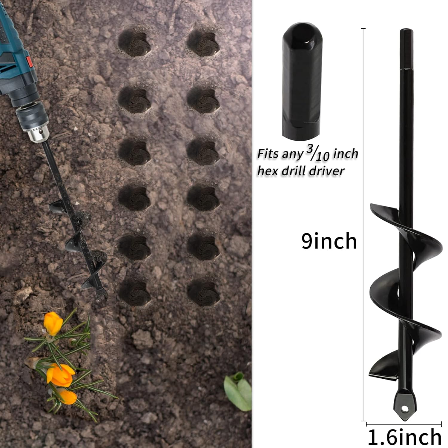 TCBWFY Auger Drill Bit for Planting 1.6x16.5inch Extended Length Garden Auger Spiral Drill Bit for Planting Bulbs Flowers,Post Hole Digger for 3/8”Hex Drill