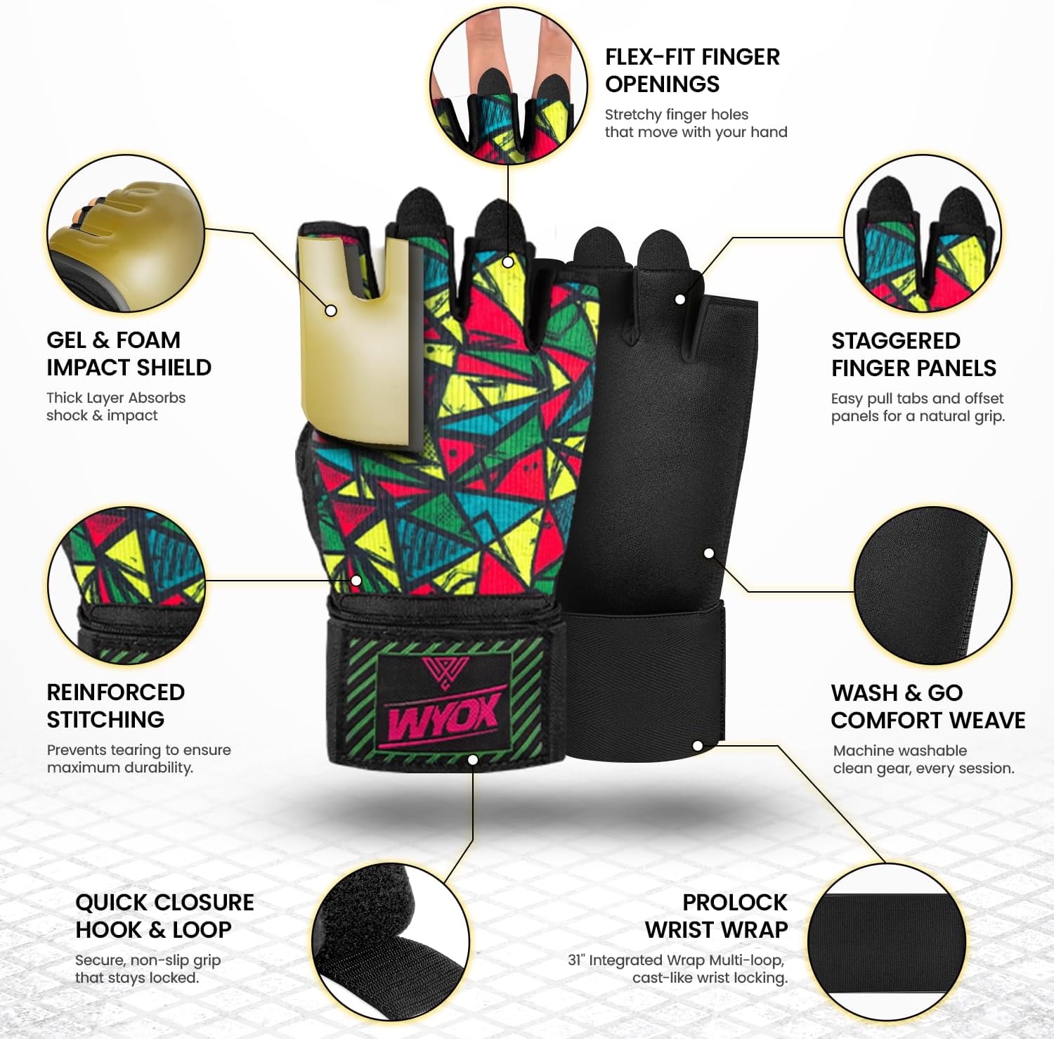 WYOX Neoprene Gel Boxing Hand Wraps Inner Gloves for Men & Women – 80cm/31in Quick Wrist Strap, Padded Knuckle Protection