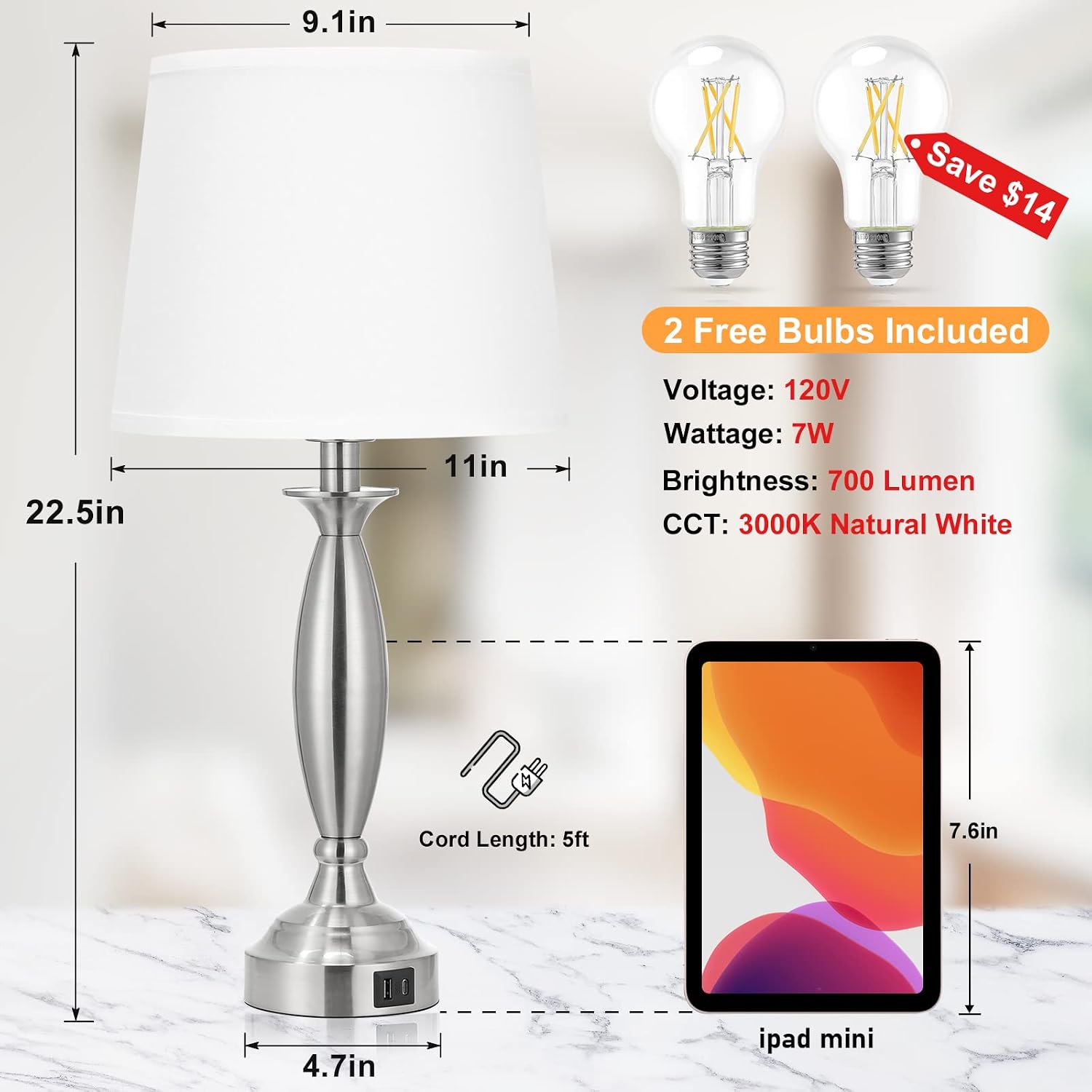 Bedroom Lamps for Nightstand, 3 Way Dimmable Silver Bedside Lamps with USB | Touch, USB C+A Ports, Bulb Included, White Shade, Silver, Chrome