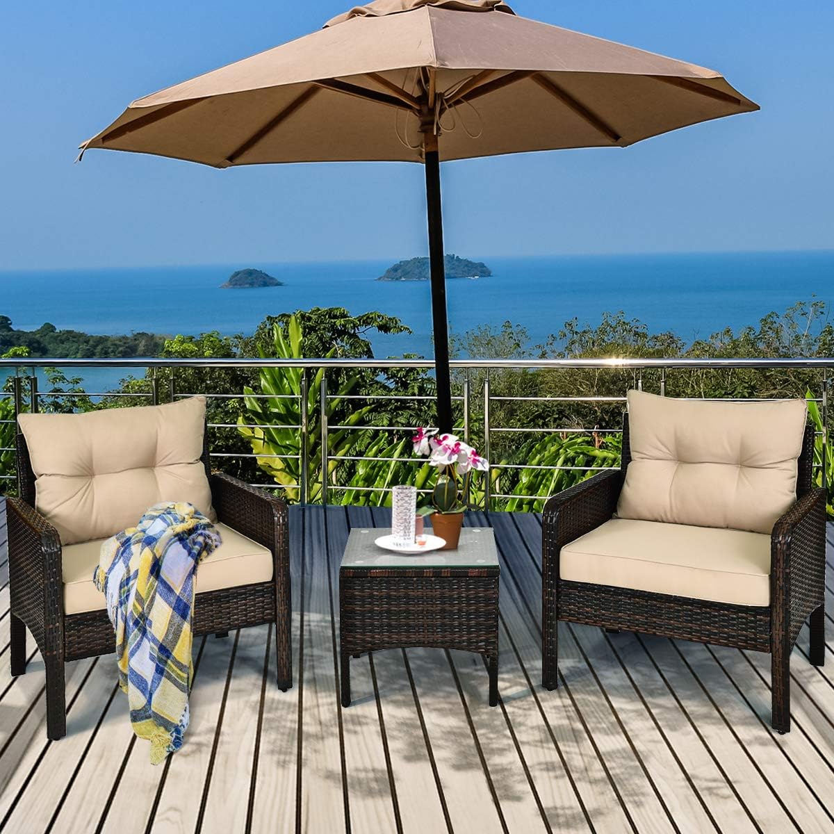 Tangkula 3 Piece Outdoor Patio Furniture Set, Wicker Chairs Set with Glass Top Coffee Table, Thick Cushions