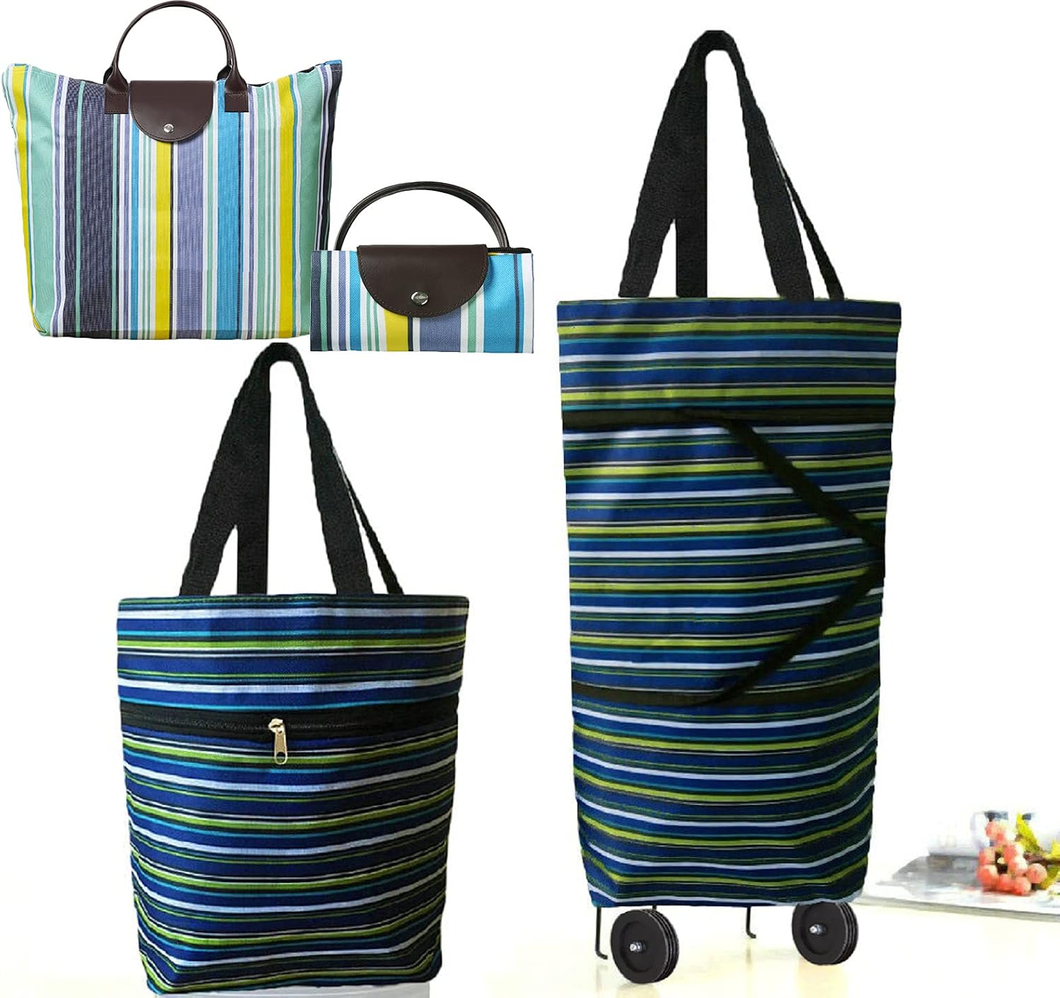 Collapsible Shopping Bag with Wheels Portable Shopping Cart with 360° Swivel Wheels Rolling Tote Bag Reusable Grocery Bag Trolley Bag on Wheels for Travel Shopping and Daily Use(Blue)