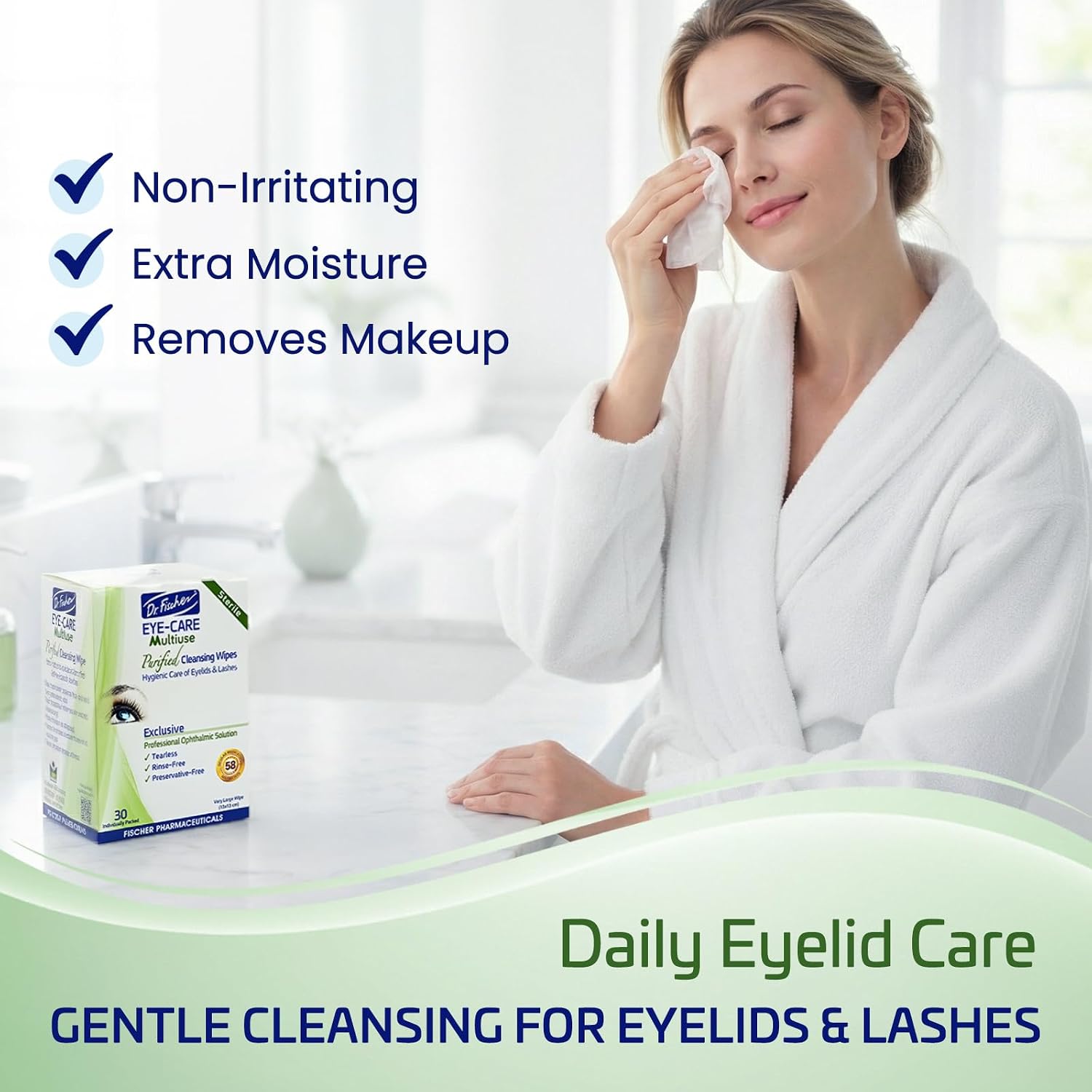 Dr. Fischer Eyelid Wipes - Hypoallergenic Preservative-Free Eye Cleansing Wipes for Sensitive Eyelids (Twin Pack).
