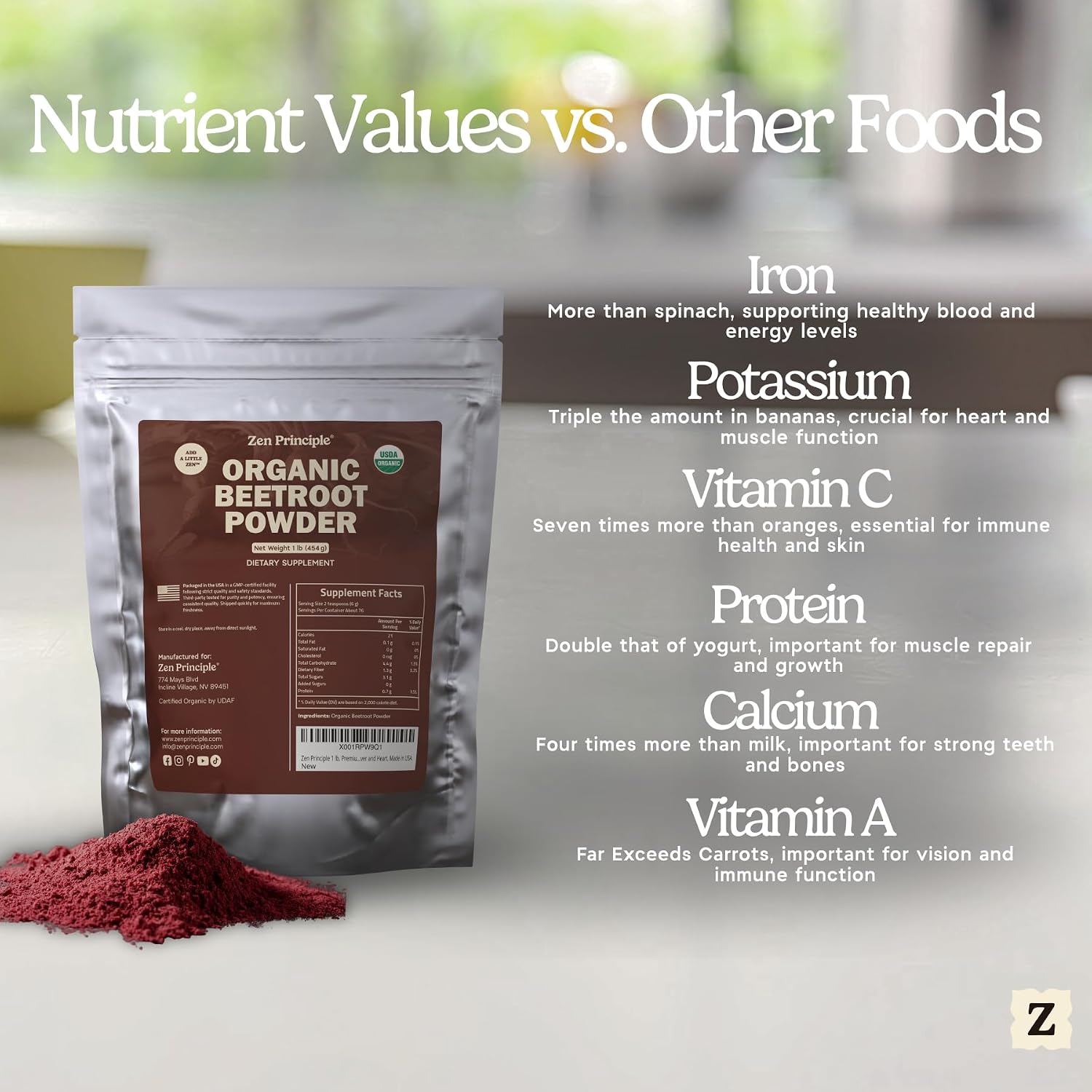1 lb. Premium Organic Beetroot Powder. 100% USDA Certified. More Fiber and Less Sugar Than Beet Juice. All Natural Energy Boost