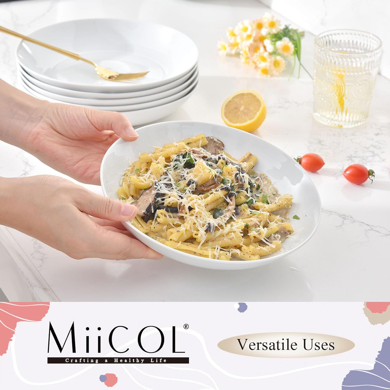 Miicol White Pasta Bowls 28 oz, Ceramic Salad Bowls Set of 6, Wide and Shallow Serving Bowl 8.25 inch, Large Pasta Plates, Serving Dish for Soup