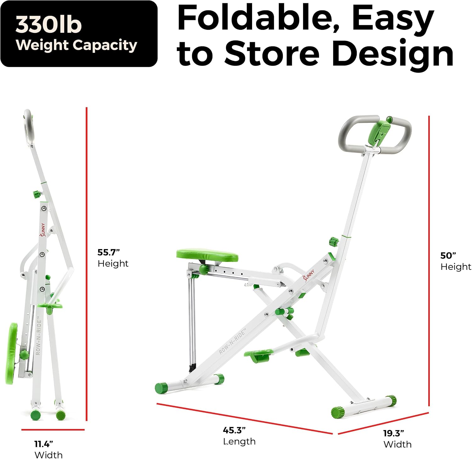 Sunny Health & Fitness Smart Row-N-Ride Glute & Leg Trainer, Foldable Squat Assist Rower with Exclusive SunnyFit App Connection