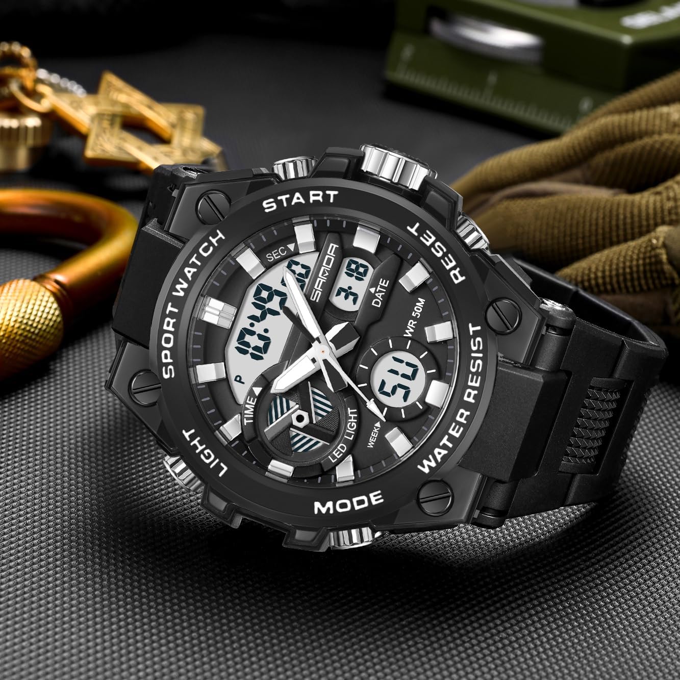 KXAITO Men's Watches Sports Outdoor Waterproof Military Watch Date Multi Function Tactics LED Alarm Stopwatch