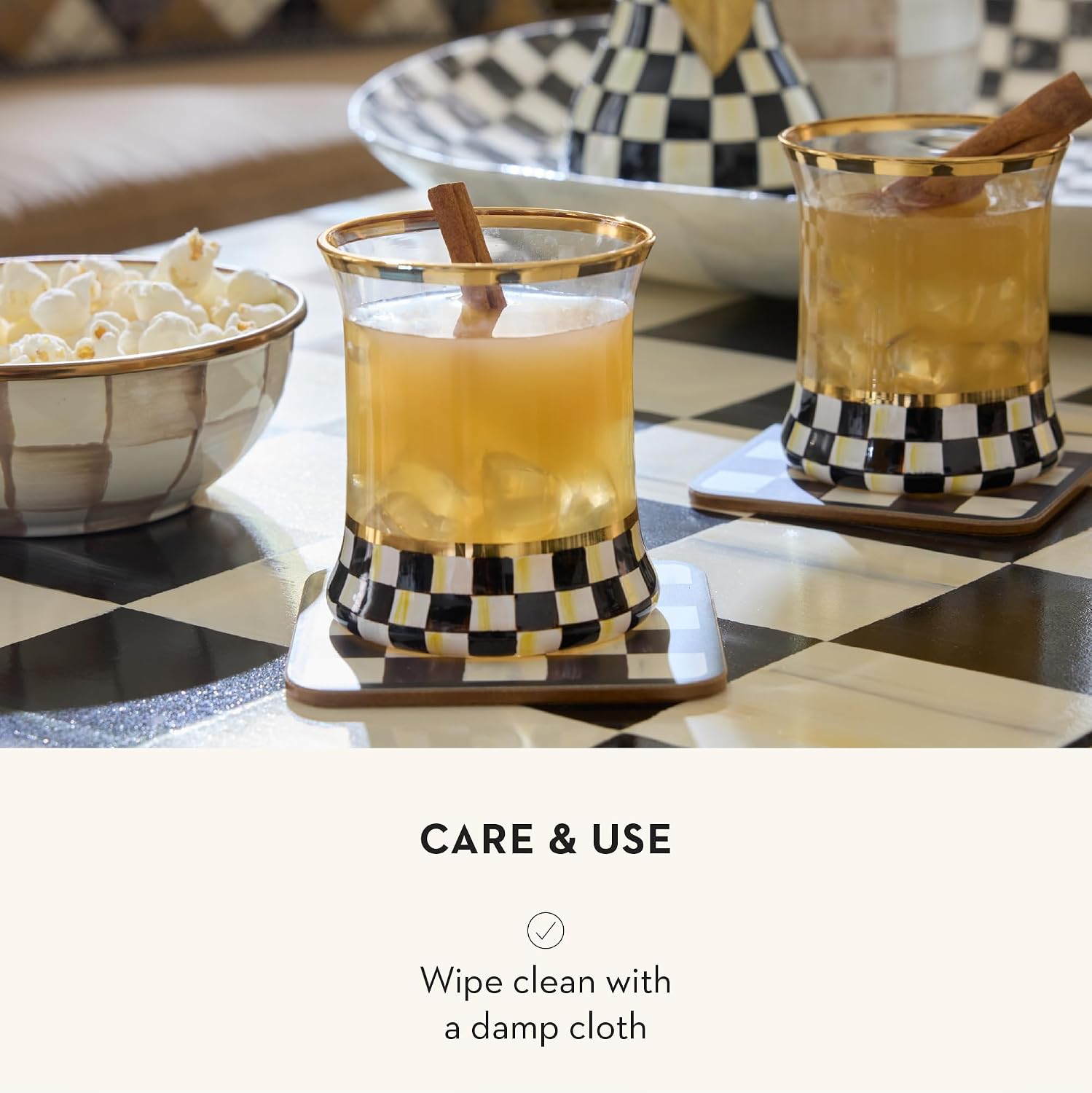 MACKENZIE-CHILDS Square Coasters Set, Black-and-White Courtly Check | Hand-painted design, made from MDF with a cork back, table coasters for drinks, 4" square, set of 4