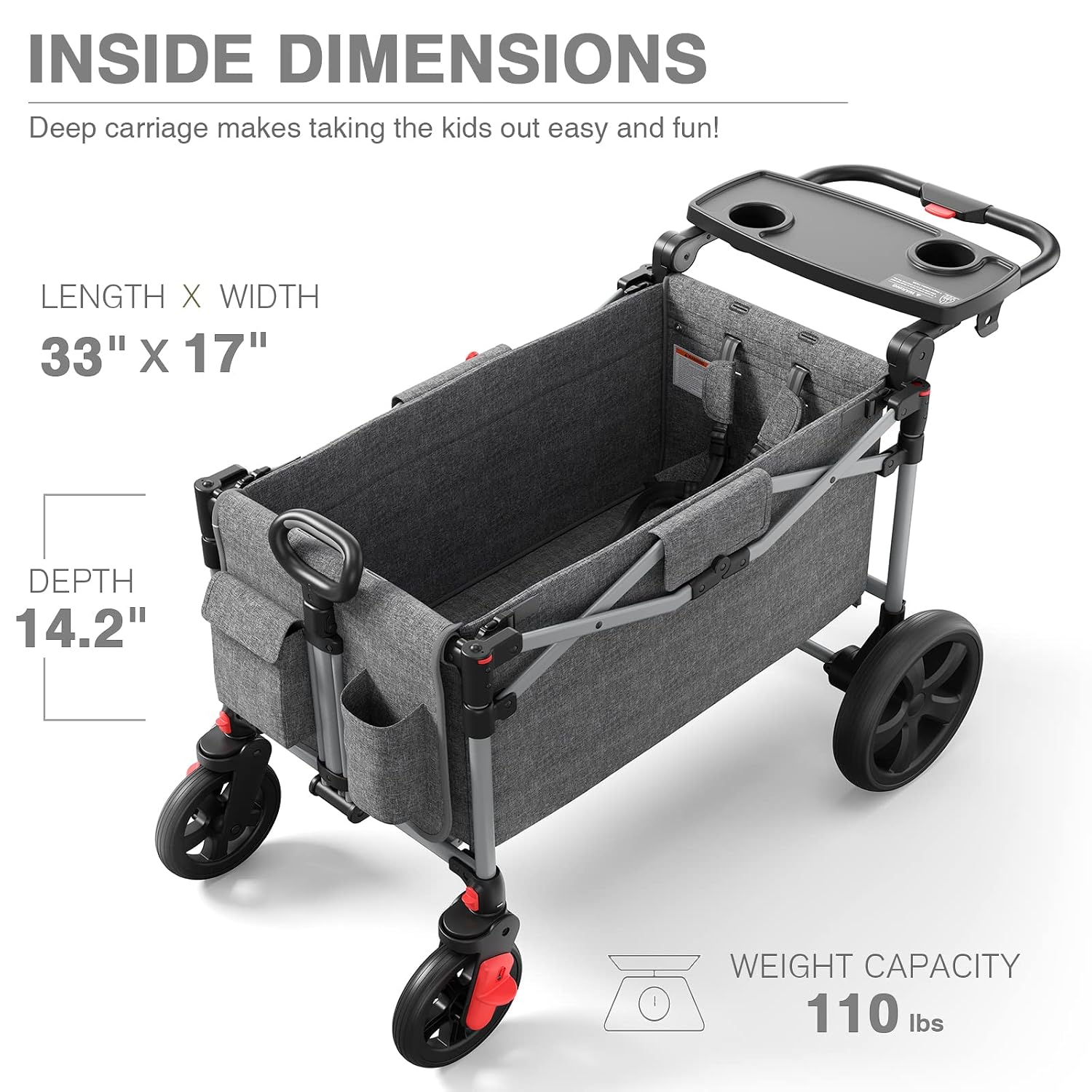 EVER ADVANCED Foldable Wagons for Two Kids & Cargo, Collapsible Folding Stroller with Adjustable Handle Bar,Removable Canopy with 5-Point Harness Gray