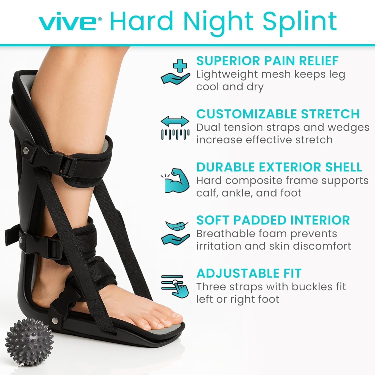 Vive Plantar Fasciitis Night Splint for Men & Women - Stabilizer Brace | Relieves Inflammation - Foot Support Boot Features Adjustable Hook and Loop Straps for Achilles Pain Relief