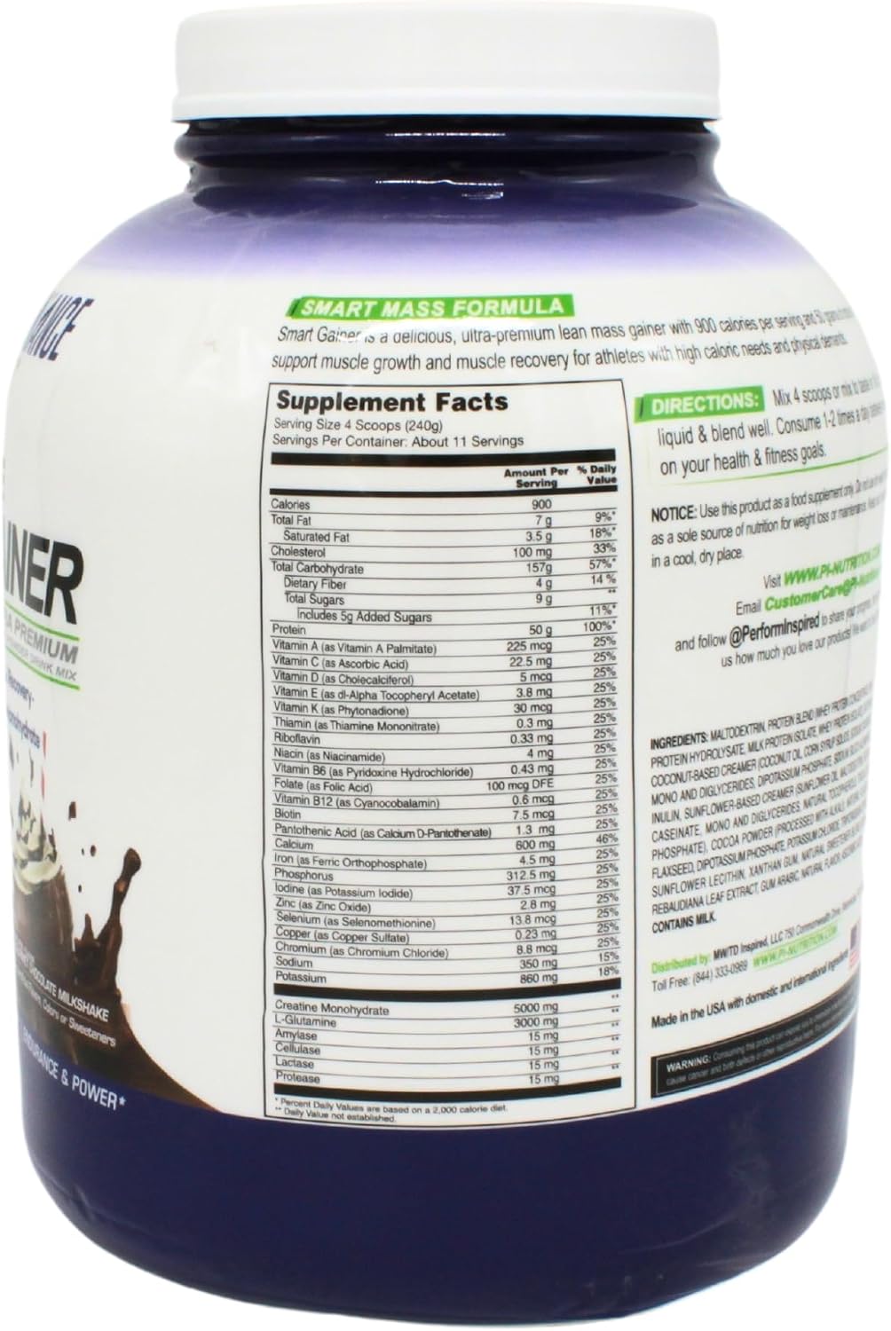 Performance Inspired Nutrition Smart Mass Gainer – 50G Protein, 900 Calories, Creatine, L-Glutamine & Digestive Enzymes – Muscle Recovery & Growth – Chocolate Milkshake – 6 lb | 50G Protein - 900 Calories - Creatine, L-Glutamine & Digestive Enzymes