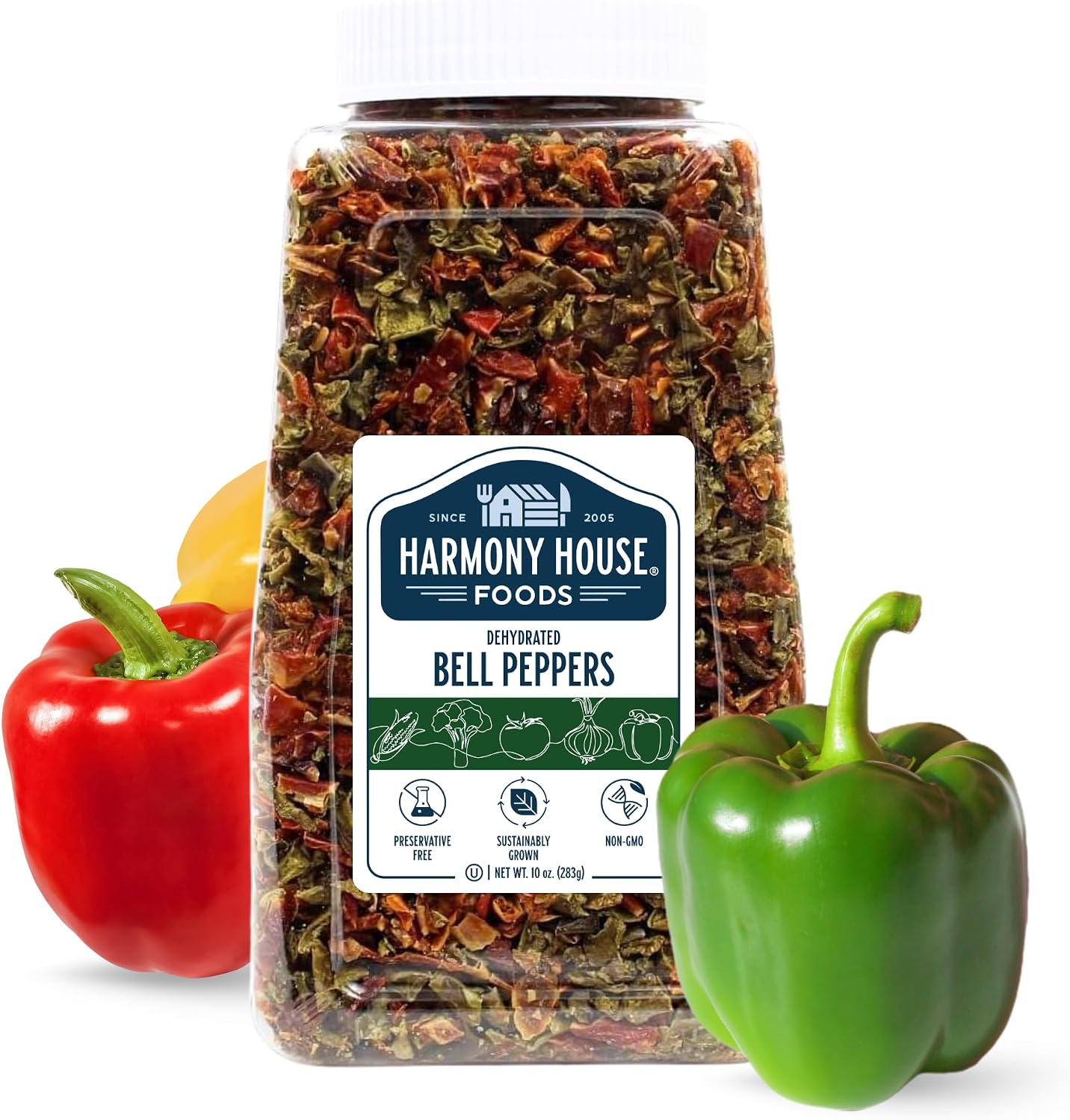 Harmony House Dried Mixed Bell Peppers, Diced – Dehydrated Vegetables for Cooking, Camping, Emergency Supply and More