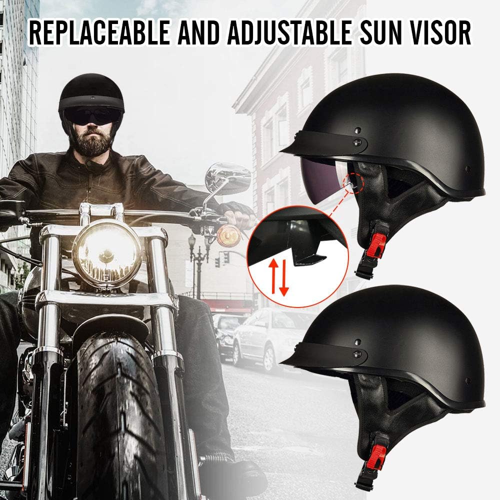 ILM Half Helmet Motorcycle Open Face Sun Visor Quick Release Buckle DOT Approved Cycling Motocross Suits Men Women 205V (M, Matt Black)