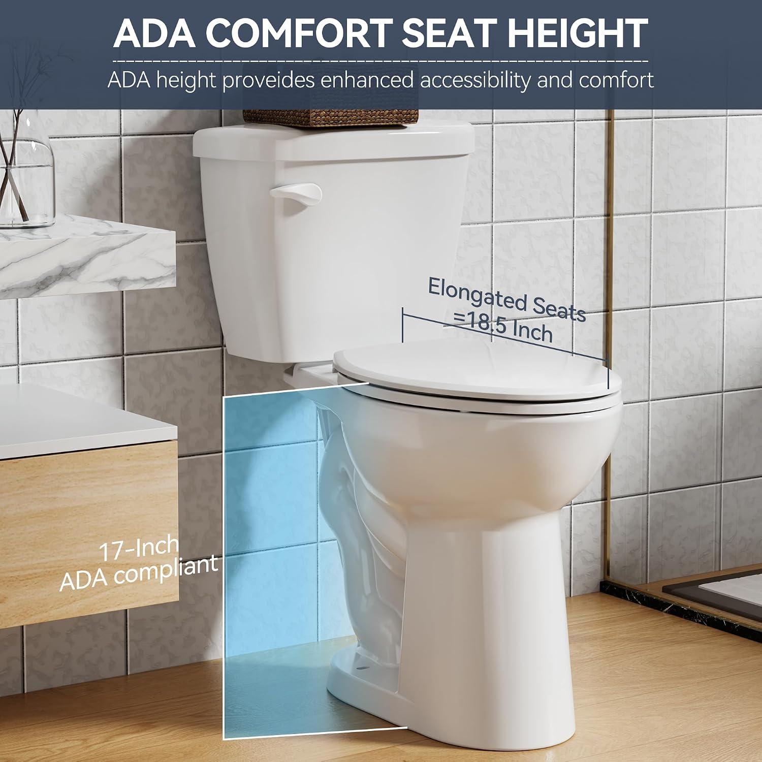 Two-Piece Toilets for Bathrooms, Comfort ADA Toilet with 19" Height, Elongated with Soft Close Seat, Power Flush 1.28 GPF