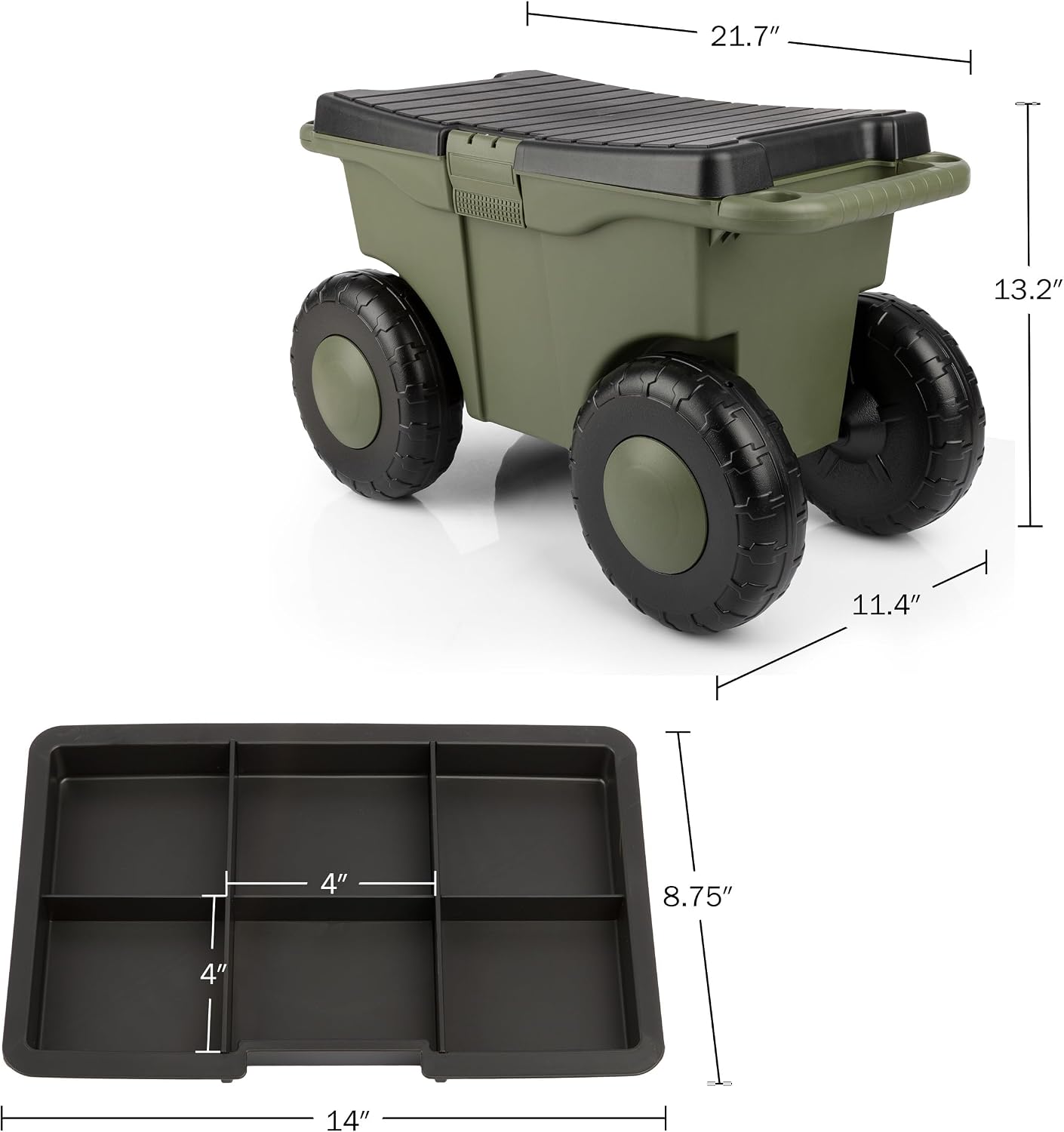 Rolling Garden Cart with Seat - Plastic Storage with Bench and Interior Tool Tray - Gardening Stool for Weeding and Planting By Pure Garden (Green) | Plastic Storage with Bench and Interior Tool Tray - Gardening Stool for Weeding and Planting