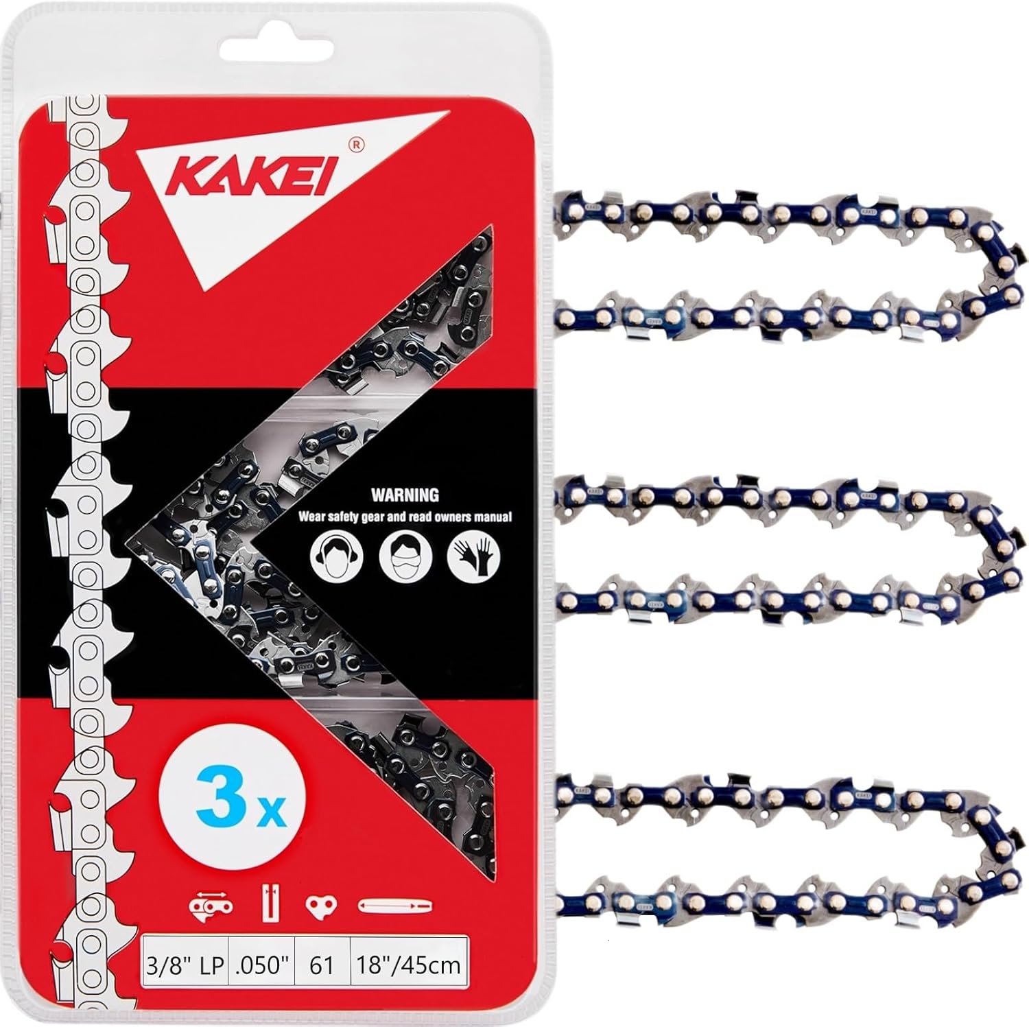 KAKEI 18 Inch Chainsaw Chain 3/8" LP Pitch .050" Gauge 62 Drive Links Fits Poulan, Kobalt, Echo, Ego